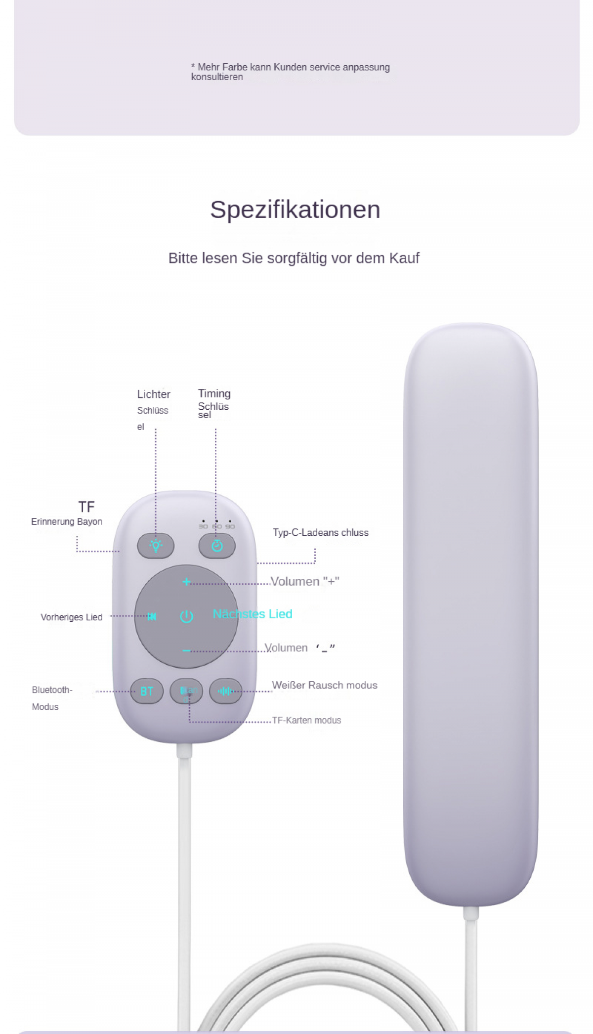 Diagramm eines Geräts mit Tasten und Beschriftungen, einschließlich Lautstärke, nächster Song und Bluetooth, mit langem, abgerundetem Körper.