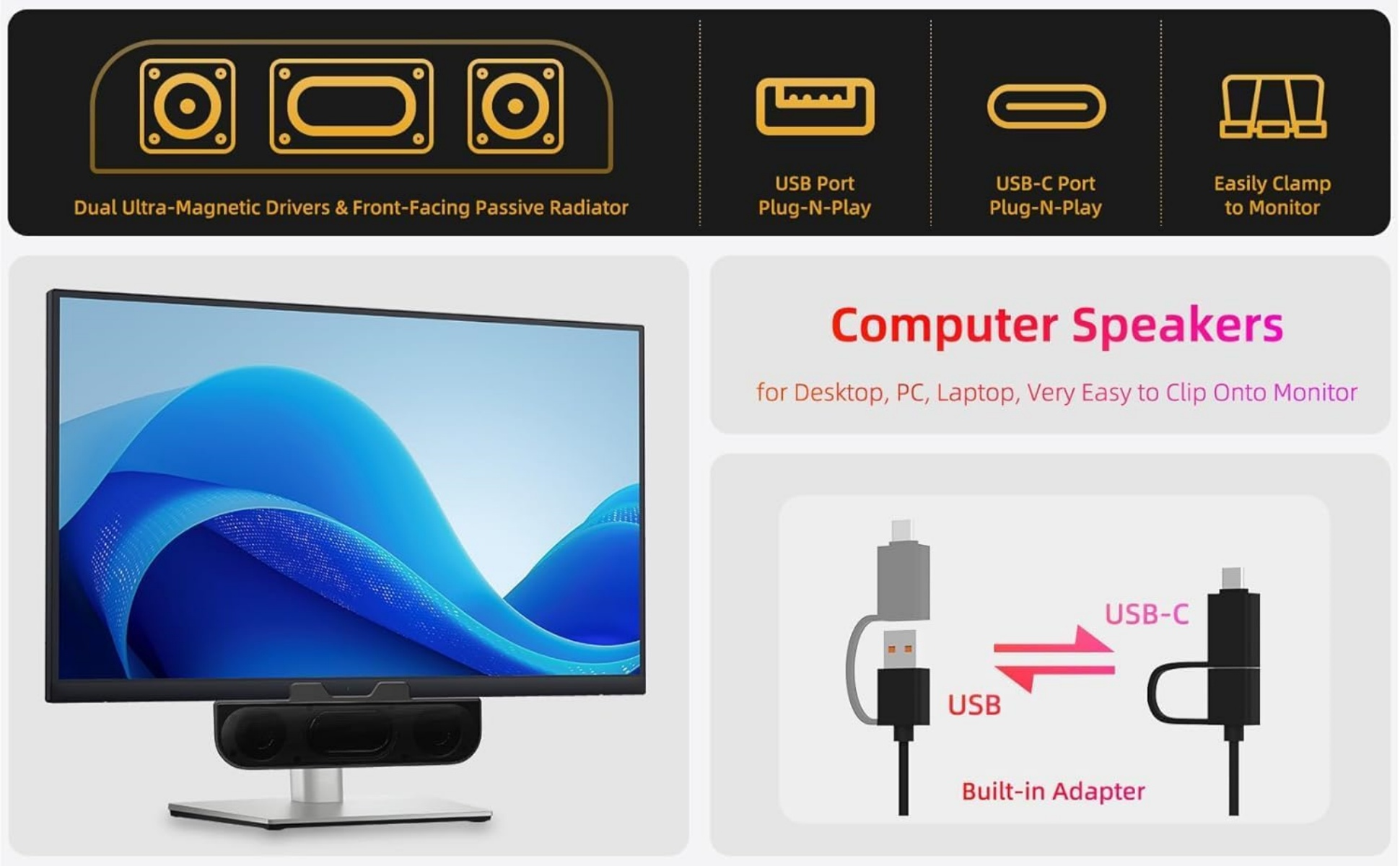 Ein Computermonitor mit Lautsprechern unten. Es zeigt USB- und USB-C-Anschlussoptionen und Details zu den Lautsprechern.
