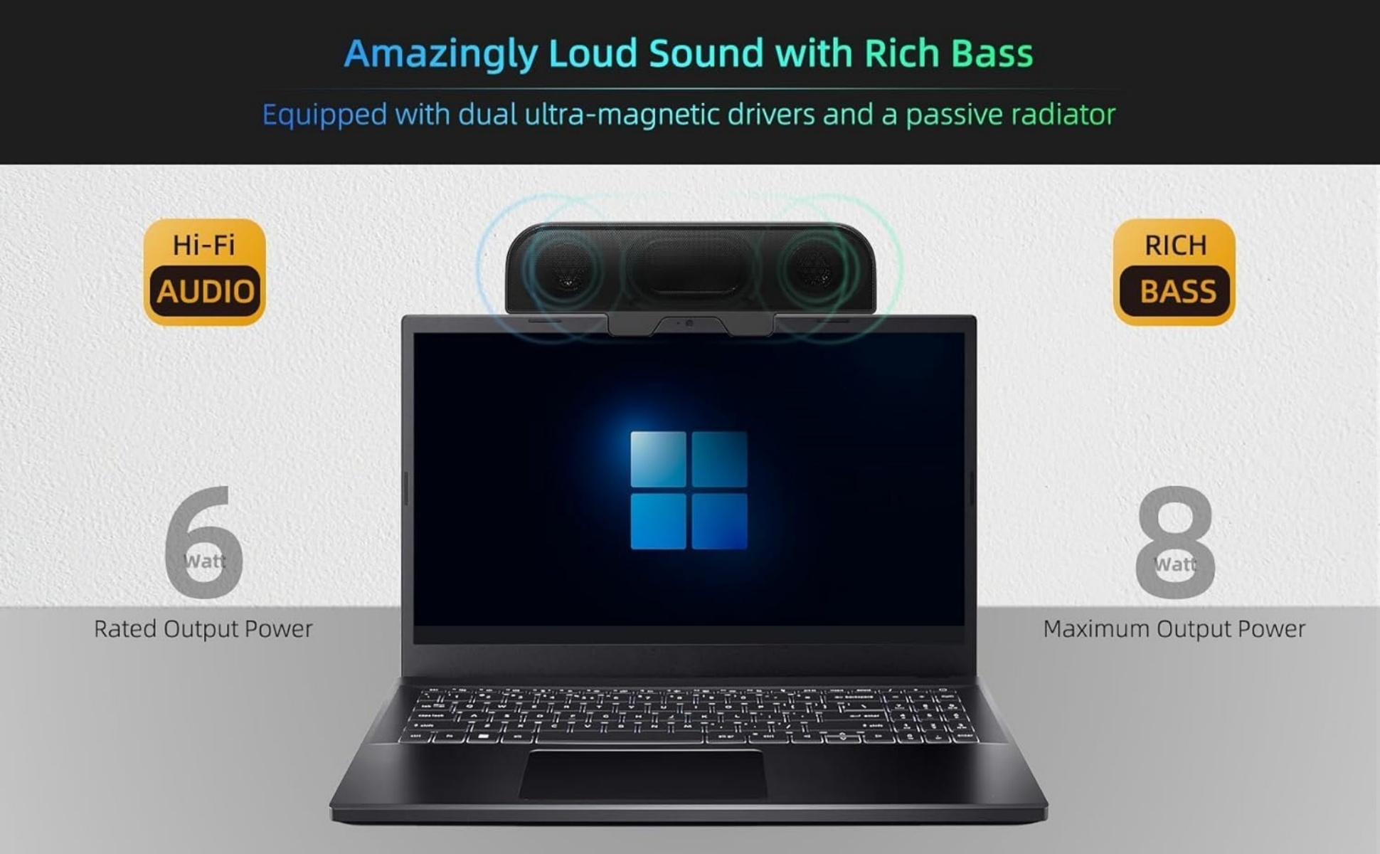 Ein Laptop mit Lautsprecher. Auf dem Bildschirm das Windows-Logo. Text hebt Audiofunktionen und Leistung hervor.