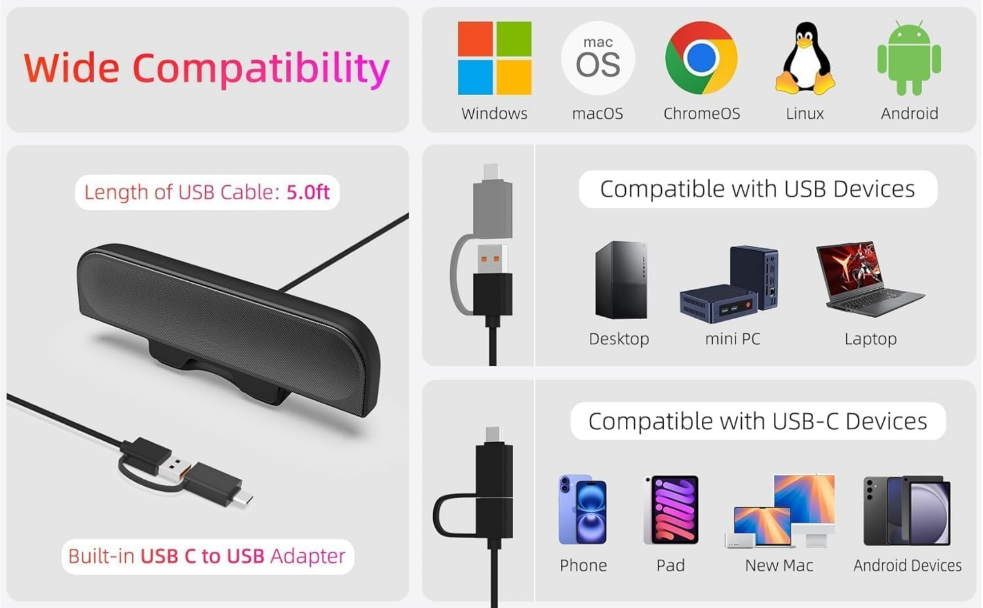 Das Bild zeigt einen Lautsprecher mit USB-Kabel, kompatibel mit Geräten wie Laptops und Telefonen.