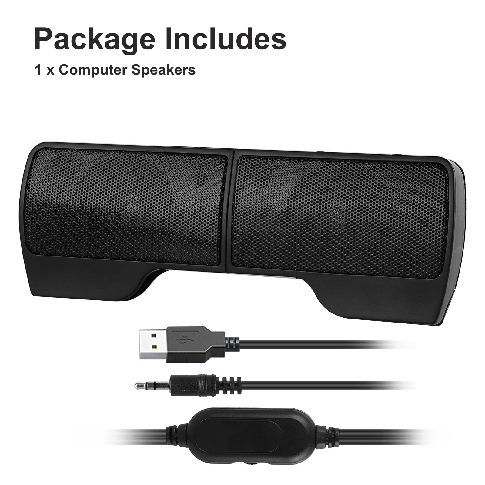 Schwarze Computer-Lautsprecher mit USB- und Audiokabeln. Das Paket enthält auch ein Steuermodul. Weißer Hintergrund.