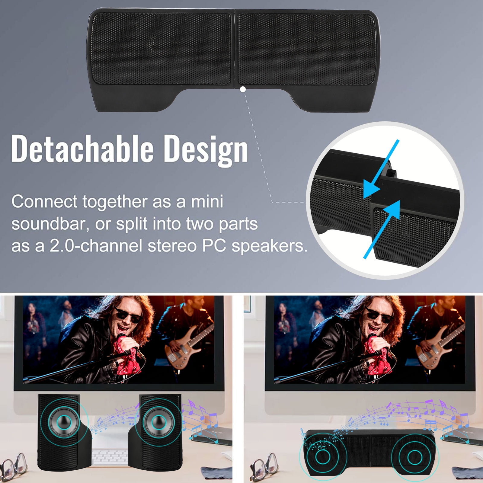 Ein getrenntes schwarzes Lautsprechersystem. Es kann als Soundbar verbunden oder in zwei Lautsprecher aufgeteilt werden. Darunter ein Computerbildschirm.