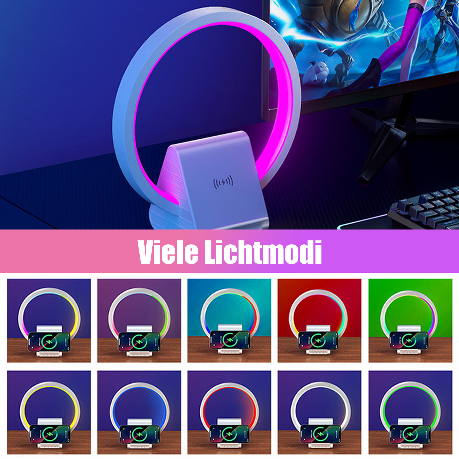 Ein leuchtender Ring mit einem kabellosen Ladegerät. Das Ringlicht hat mehrere Farboptionen.