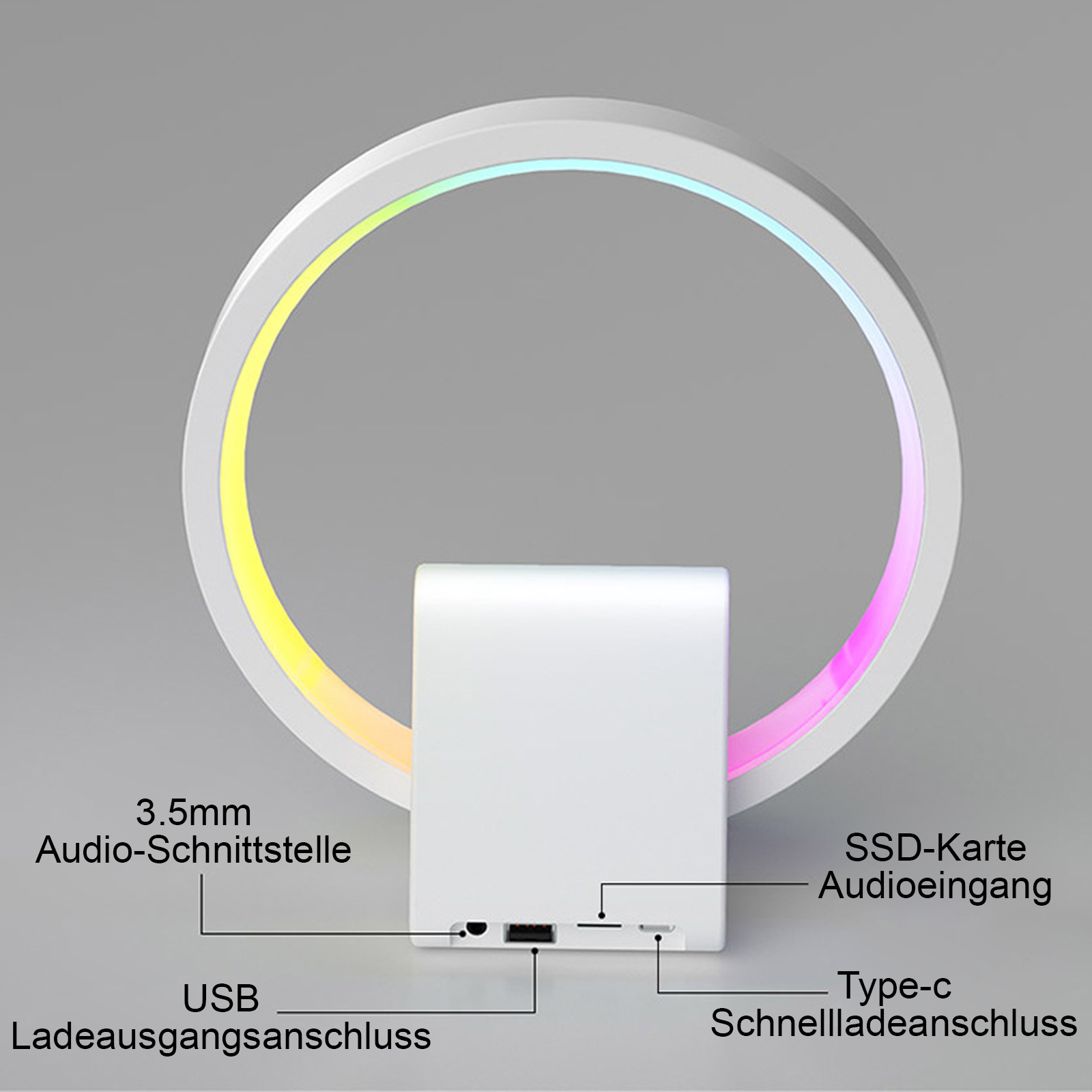 Eine weiße Lampe mit kreisförmigem Licht und quadratischer Basis. Sie hat Audio- und Ladeanschlüsse. Das Licht ist ein Farbverlauf.