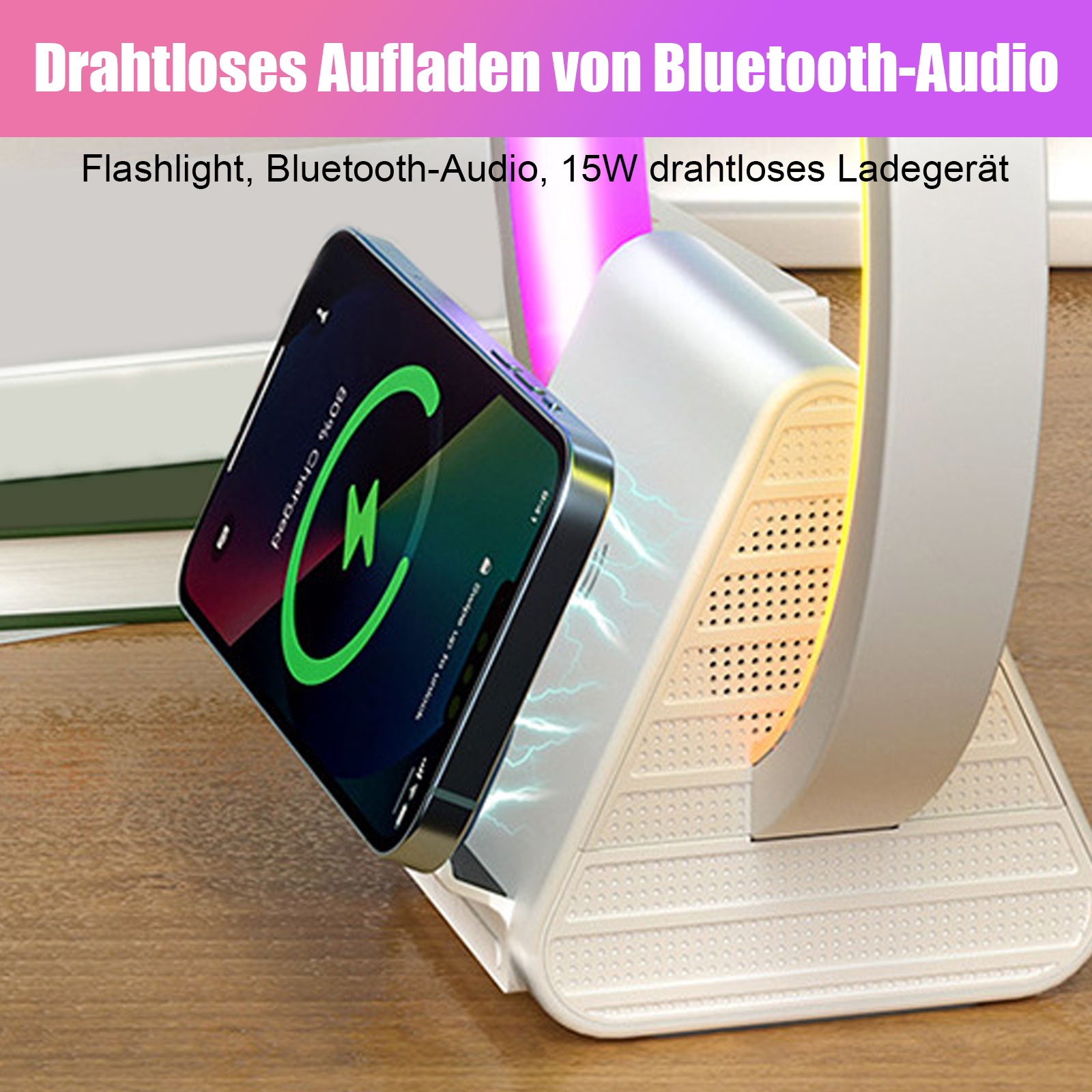 Ein Telefon, das auf einer drahtlosen Ladestation aufgeladen wird. Das Telefon zeigt 80 % geladen an. Der Ständer ist weiß.