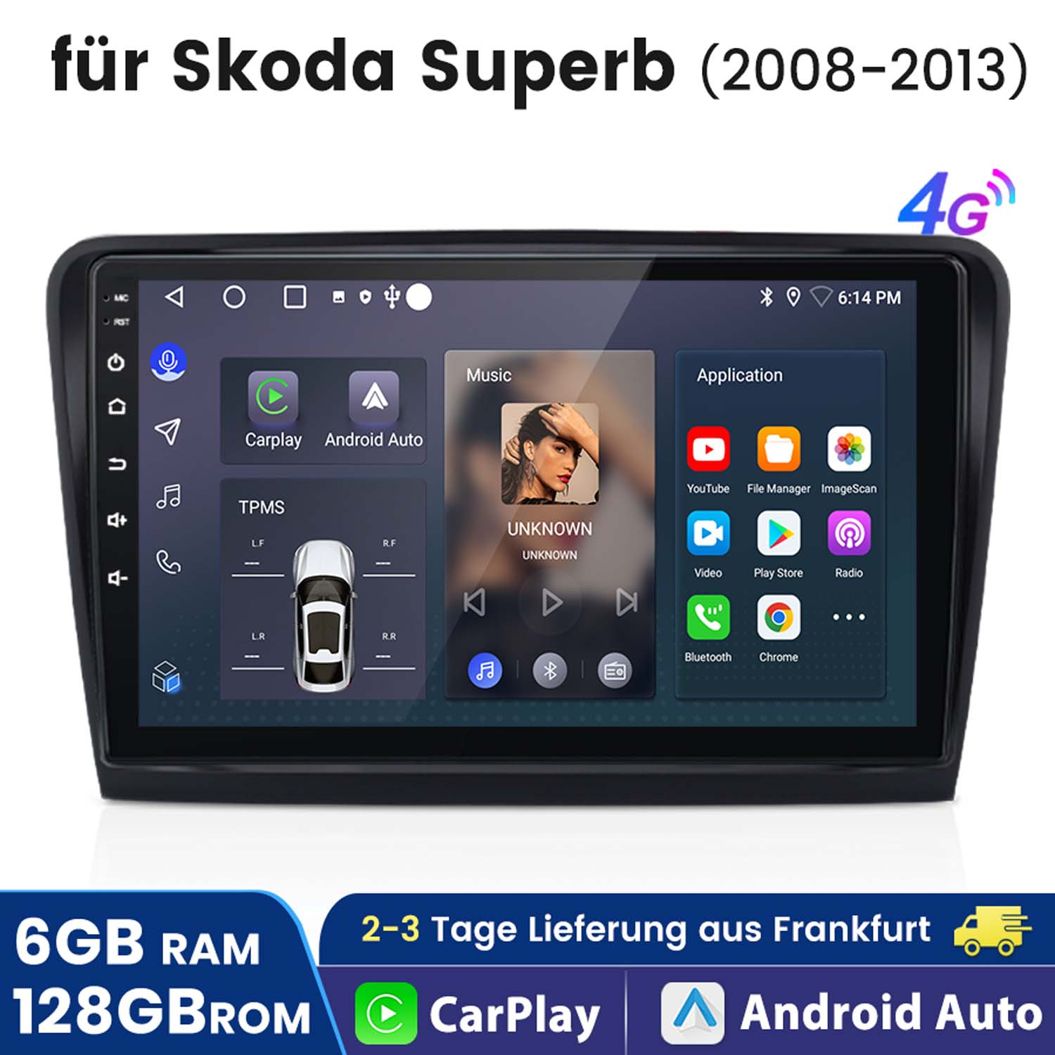 Autoradio-Bildschirm für Skoda Superb mit Apps, CarPlay, Android Auto und Spezifikationen wie 6 GB RAM und 128 GB ROM.