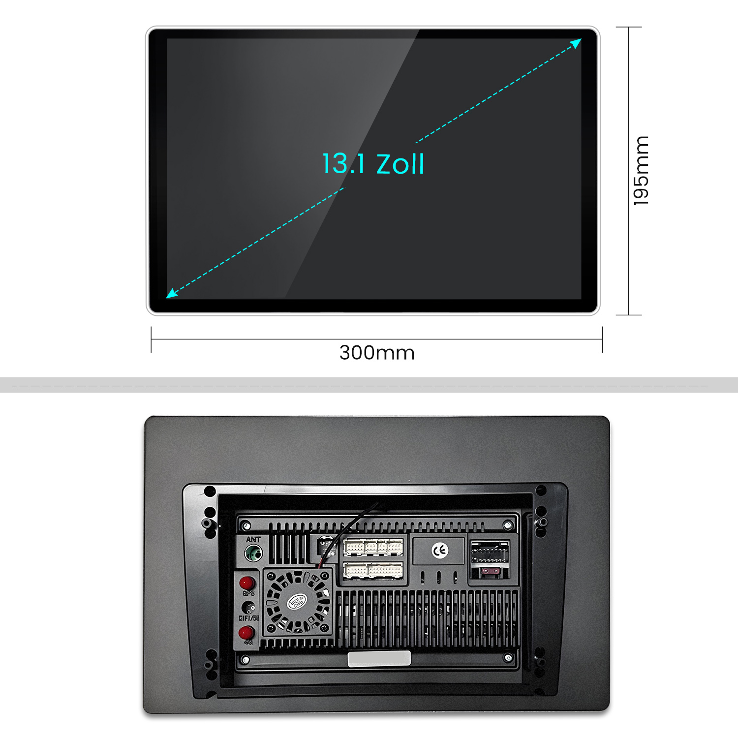 Ein Auto-Multimedia-System mit 13,1-Zoll-Bildschirm, Maße beschriftet und die Rückseite des Systems mit Anschlüssen und einem Lüfter.