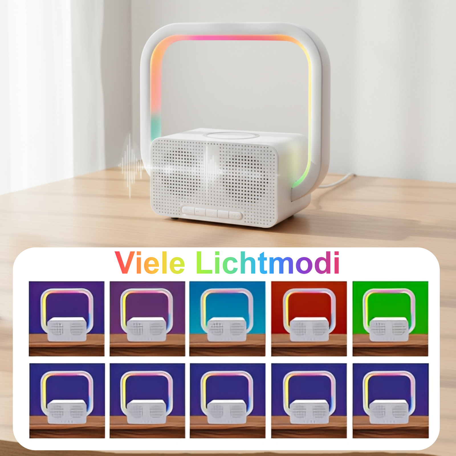 Ein weißer Lautsprecher mit regenbogenfarbenem Griff steht auf einer Holzoberfläche, darunter viele Lichtmodi.