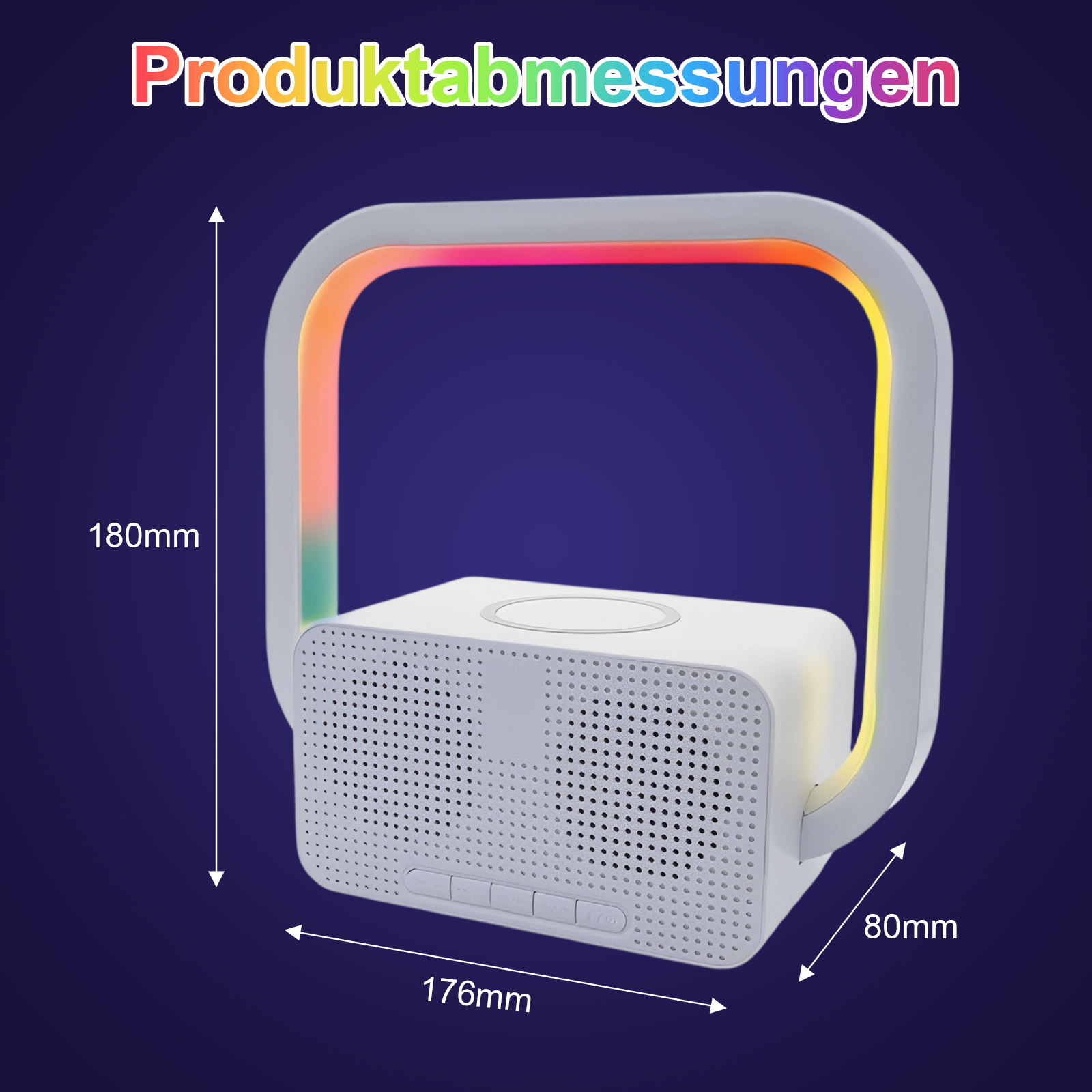 Weißer Lautsprecher mit regenbogenfarbenem Bogen, Abmessungen beschriftet. Produktname oben. Dunkelblauer Farbverlaufshintergrund.