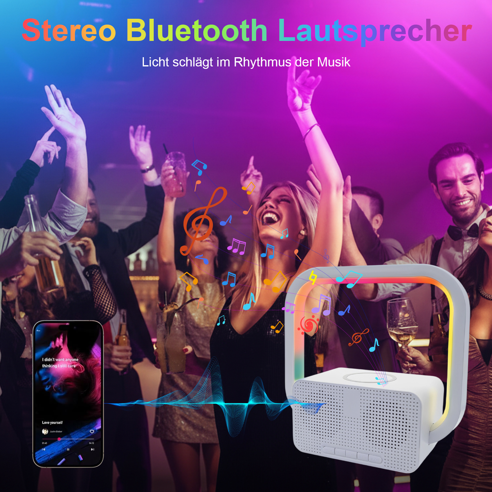 Leute tanzen auf einer Party. Musiknoten und ein Lautsprecher mit farbenfrohem Rahmen sind sichtbar. Ein Telefon zeigt Songtexte.