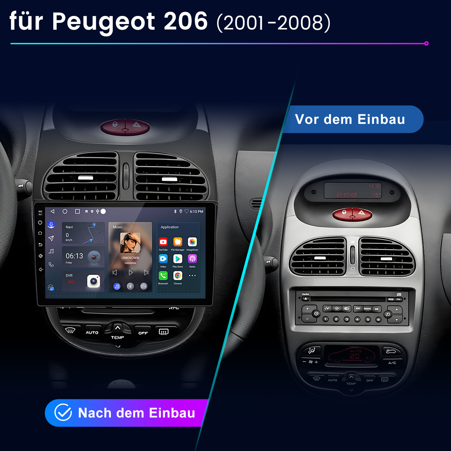 Das Bild zeigt ein Armaturenbrett eines Autos vor und nach der Installation eines neuen Multimedia-Systems. Das neue System hat einen Touchscreen.