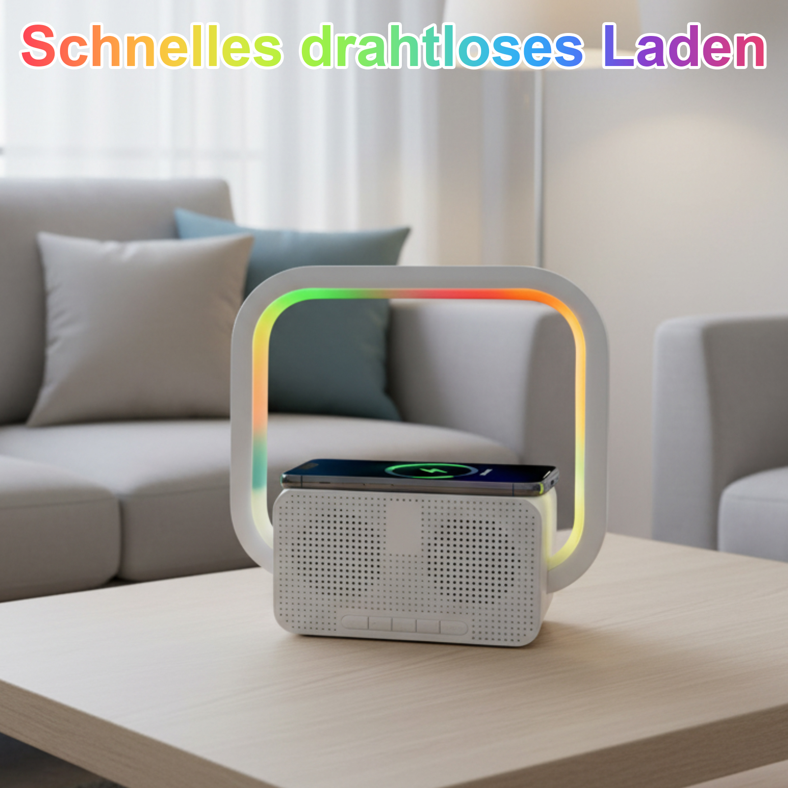 Ein weißes Ladegerät mit einem Telefon oben drauf. Das Gerät hat ein farbenfrohes Licht und steht auf einem Holztisch.