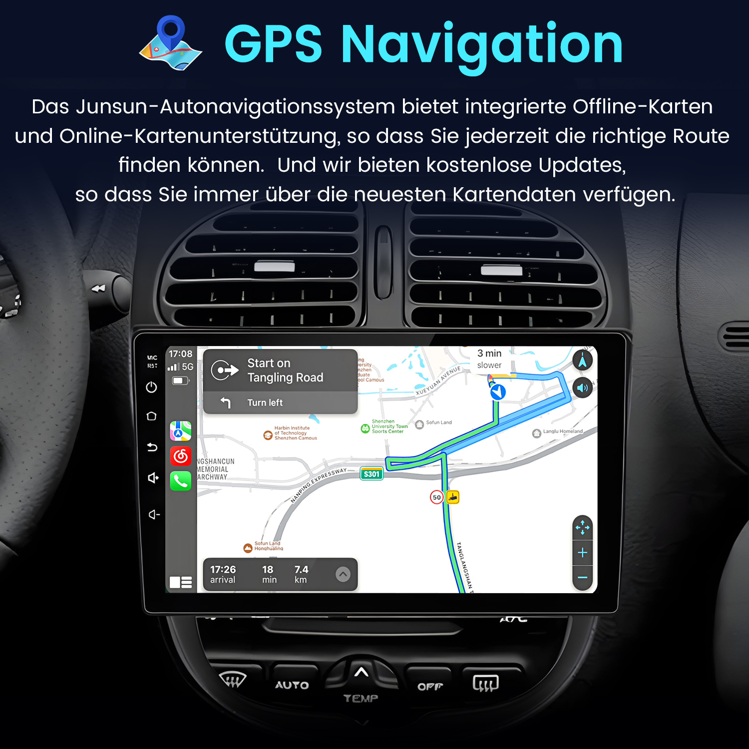 Autoinstrumententafel mit GPS-Navigation, Karte, Routenführung und Bedienelementen. Zeit und Entfernung werden angezeigt.