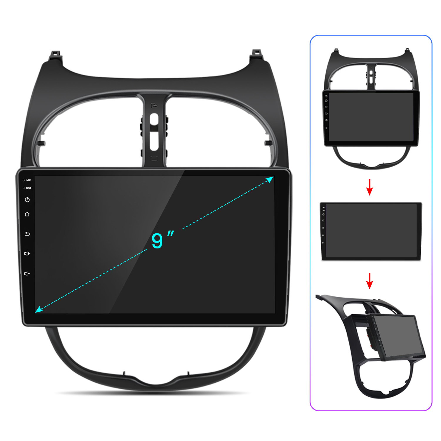 Ein schwarzes Autoradio mit 9-Zoll-Bildschirm wird angezeigt. Der Bildschirm befindet sich in einem schwarzen Rahmen, und ein Diagramm zeigt die Installationsschritte.