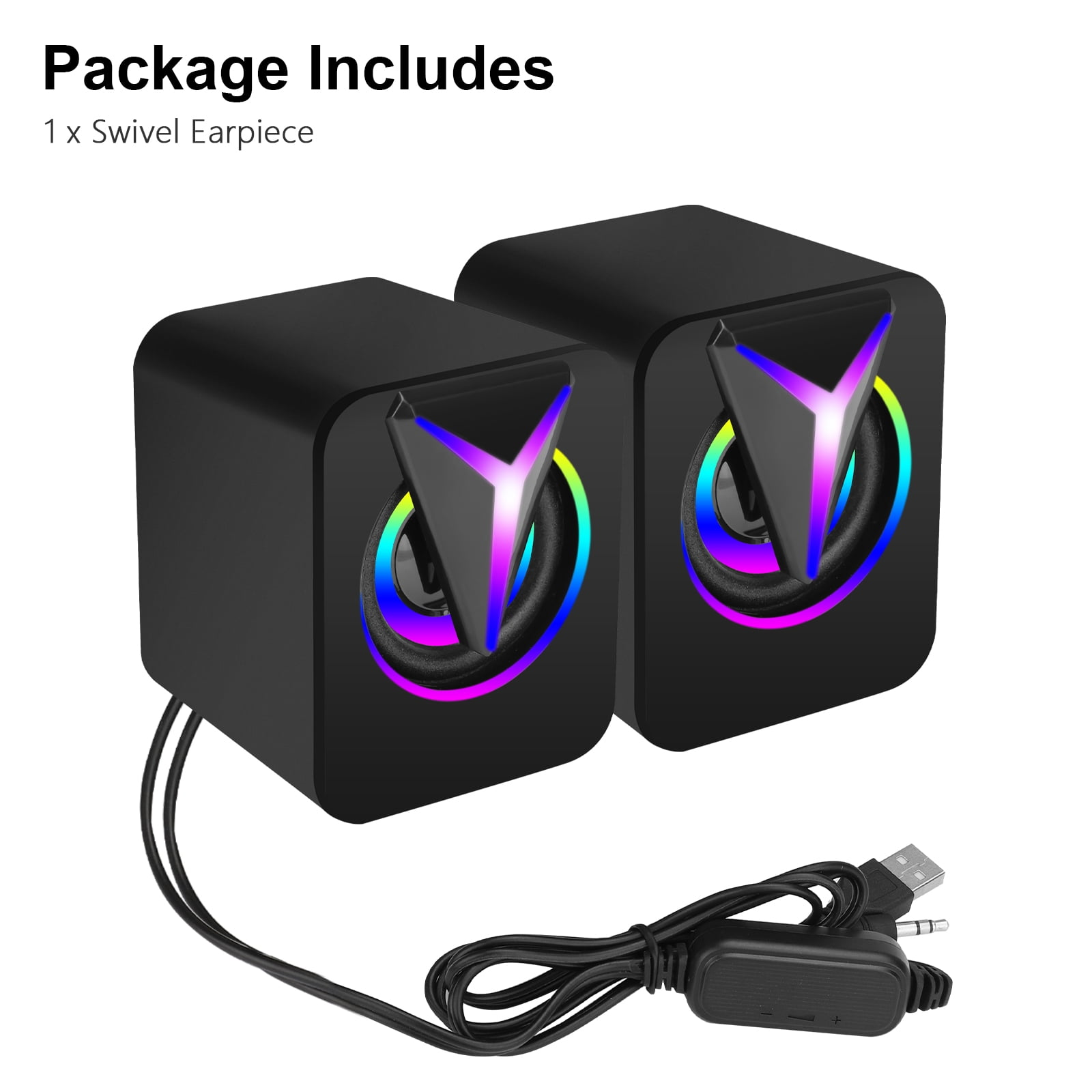 Zwei schwarze Lautsprecher mit RGB-Beleuchtung und einem Steuermodul, USB- und Klinkenstecker auf weißem Hintergrund. Paket enthält Ohrhörer.