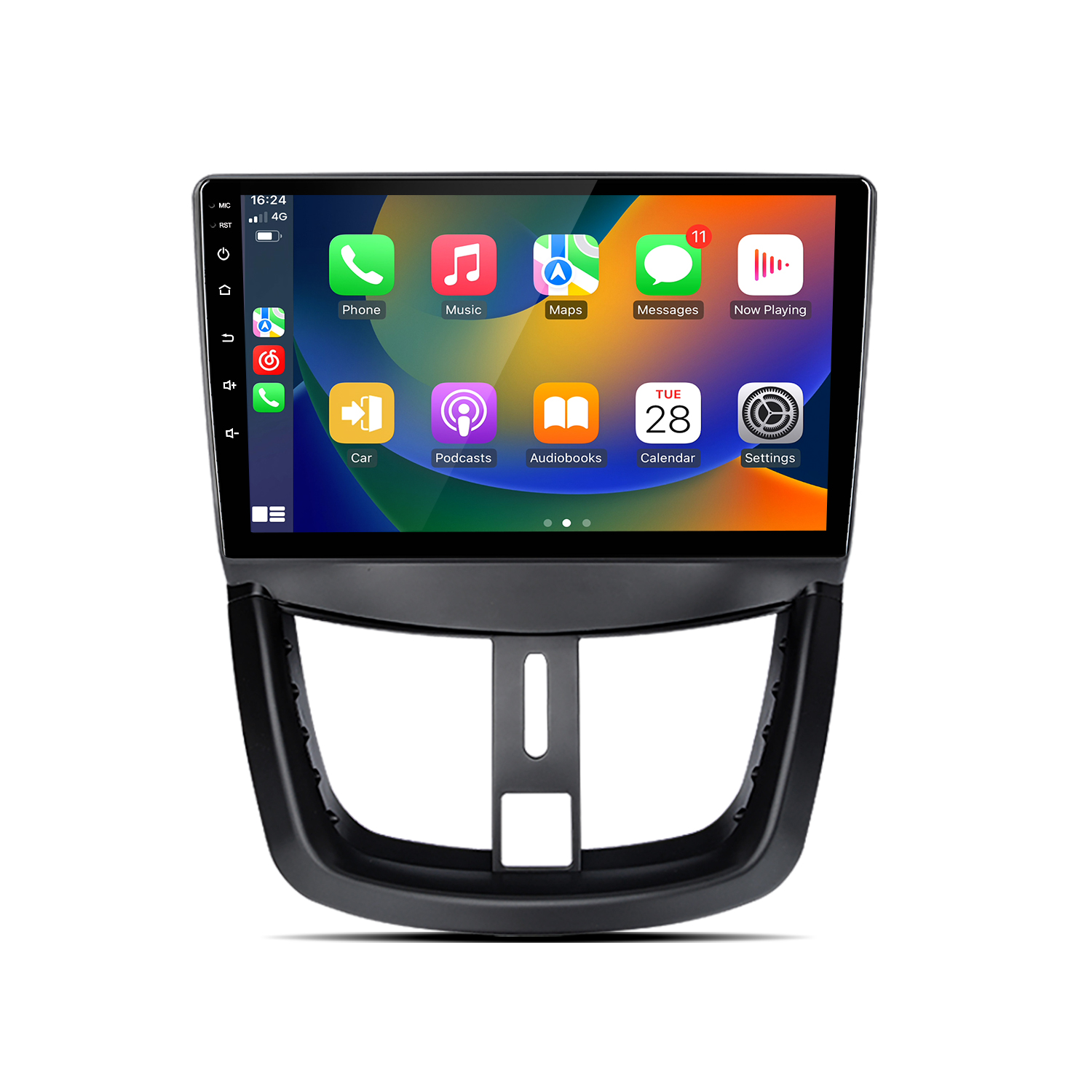 Auto-Multimedia-System. Touchscreen mit App-Symbolen wie Telefon, Musik, Karten und Einstellungen. Schwarzer Rahmen und Ständer.