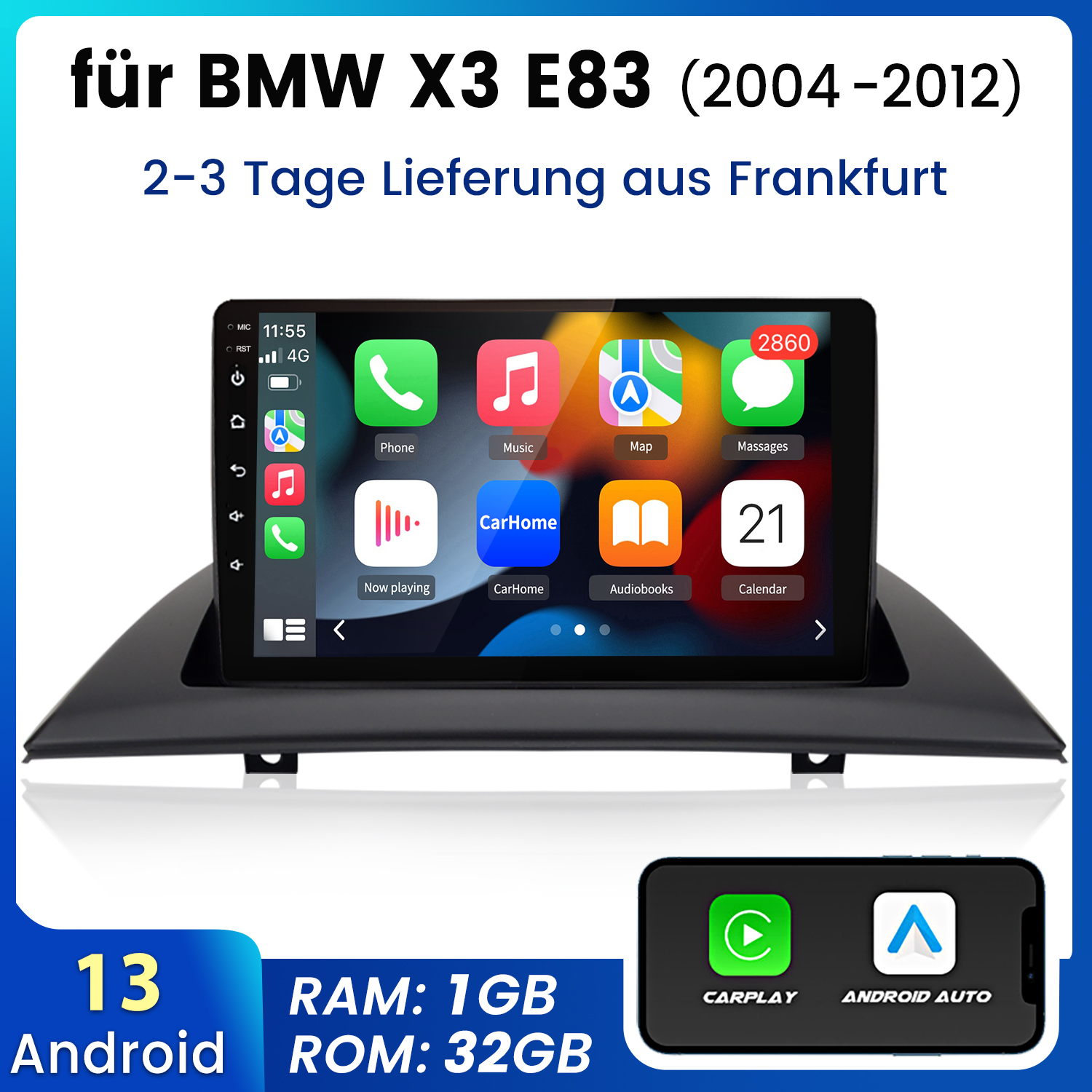 Multimedia-System für BMW X3 E83, mit Android, CarPlay und Android Auto. Der Bildschirm zeigt App-Symbole und die Uhrzeit.