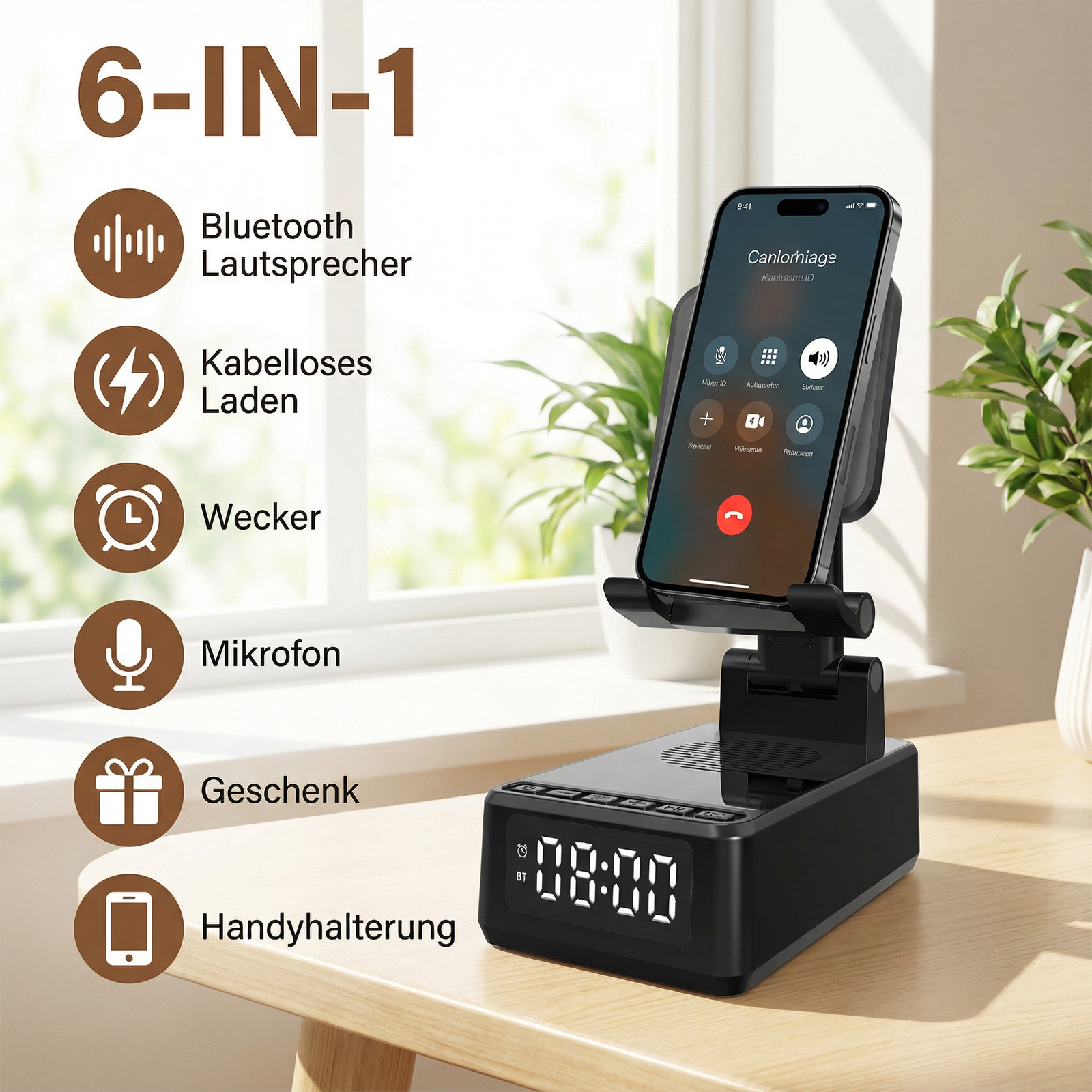 Ein schwarzes 6-in-1-Gerät mit einem Telefon darauf, das einen Anrufbildschirm und eine Digitaluhr zeigt. Das Gerät steht auf einem Holztisch.