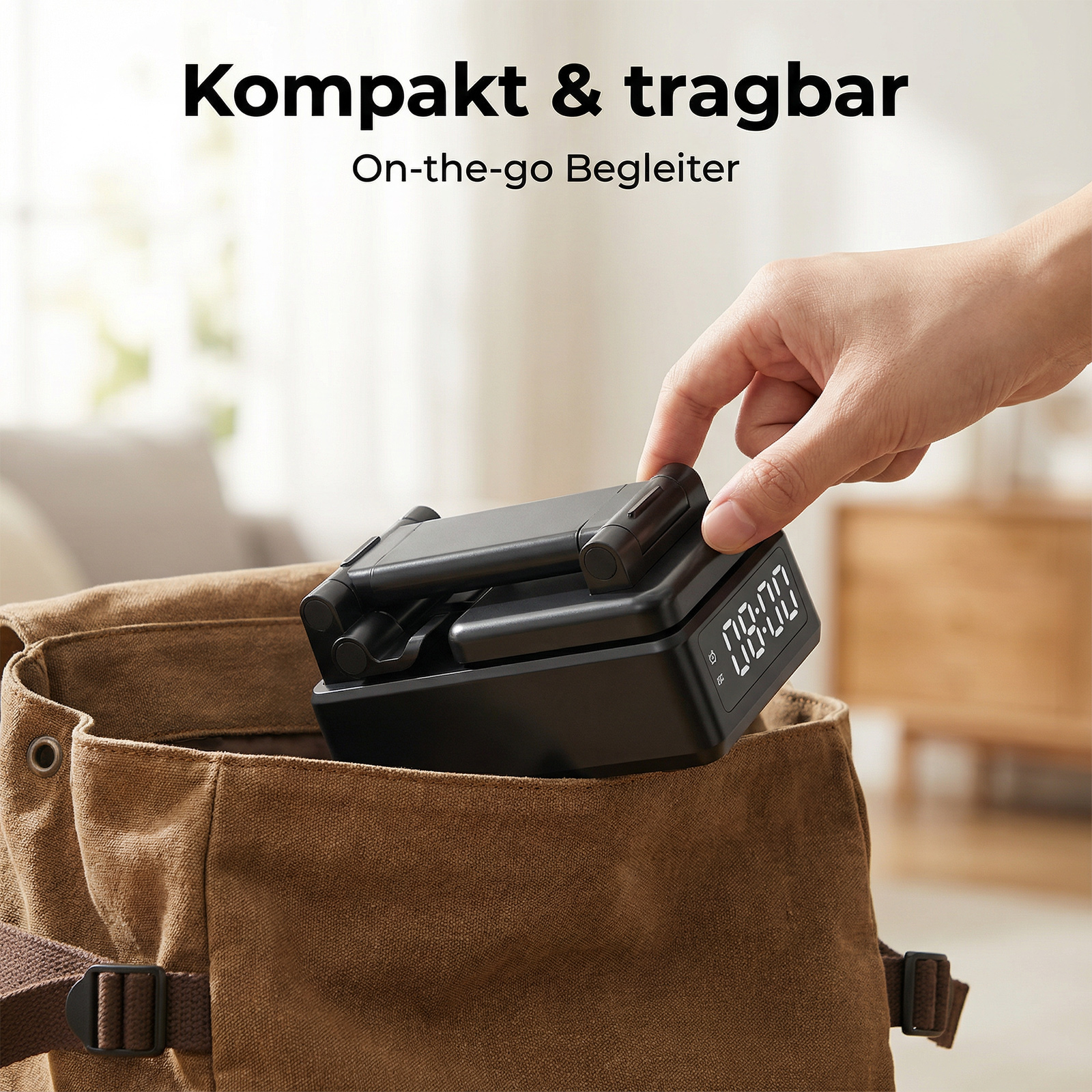 Eine Hand legt ein schwarzes Gerät in eine braune Tasche. Das Gerät hat eine Digitalanzeige.