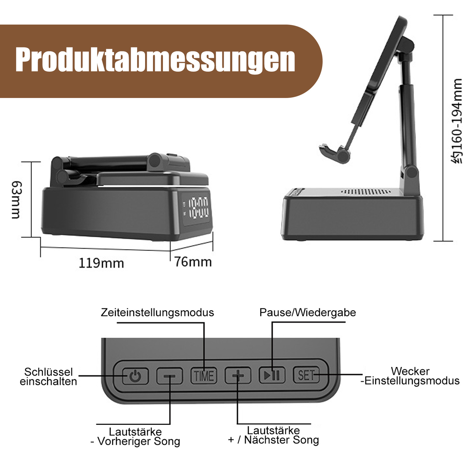 Diagramm eines schwarzen Geräts mit Abmessungen und Steuertasten. Es hat einen Ständer und eine Digitalanzeige.