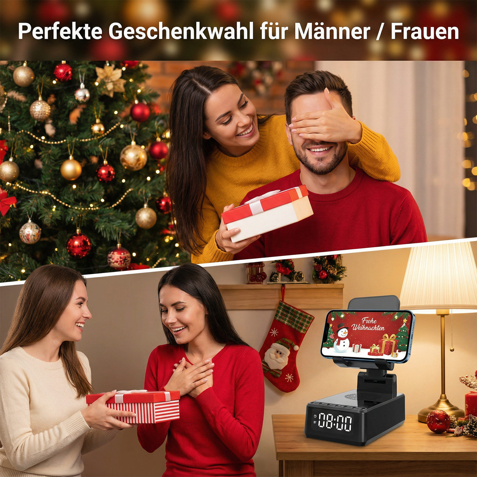 Eine Frau überrascht einen Mann mit einem Geschenk. Eine andere Frau präsentiert ein Geschenk. Weihnachtsbaum und Dekorationen sind sichtbar.
