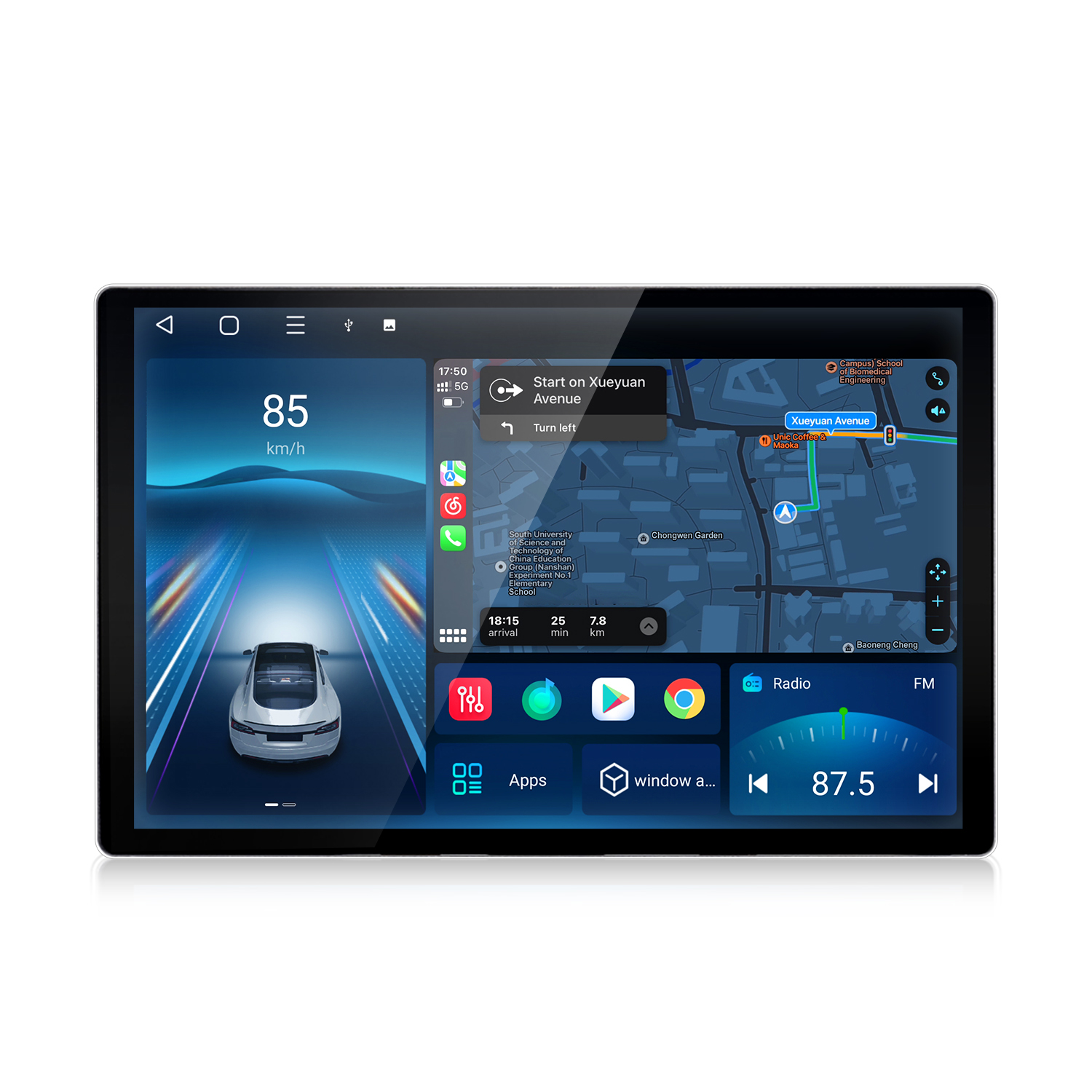 Ein Auto-Navigationsbildschirm mit Geschwindigkeit, Karte und Radiobedienelementen. Die Karte zeigt Wegbeschreibungen und Sehenswürdigkeiten.