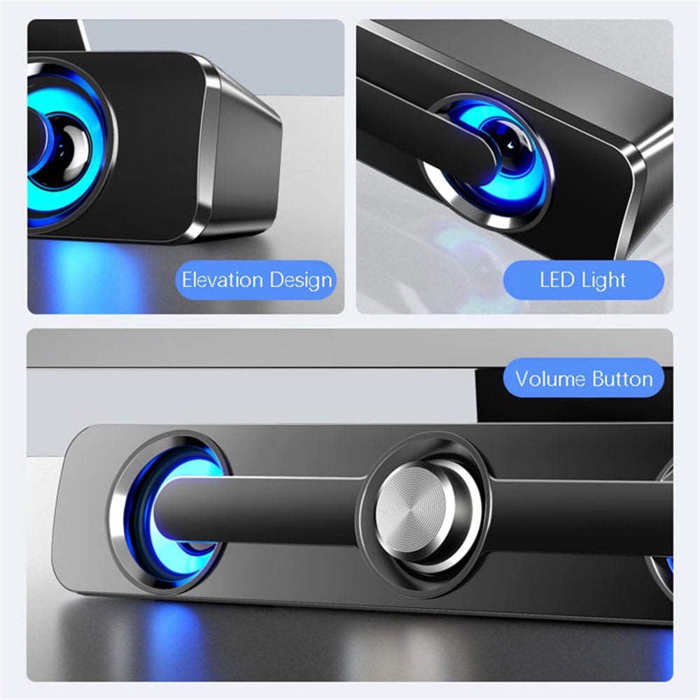 Nahaufnahmen eines Lautsprechersystems mit erhabenem Design, LED-Licht und Lautstärketaste. Schwarz-Silber-Farbschema mit blauen Lichtern.