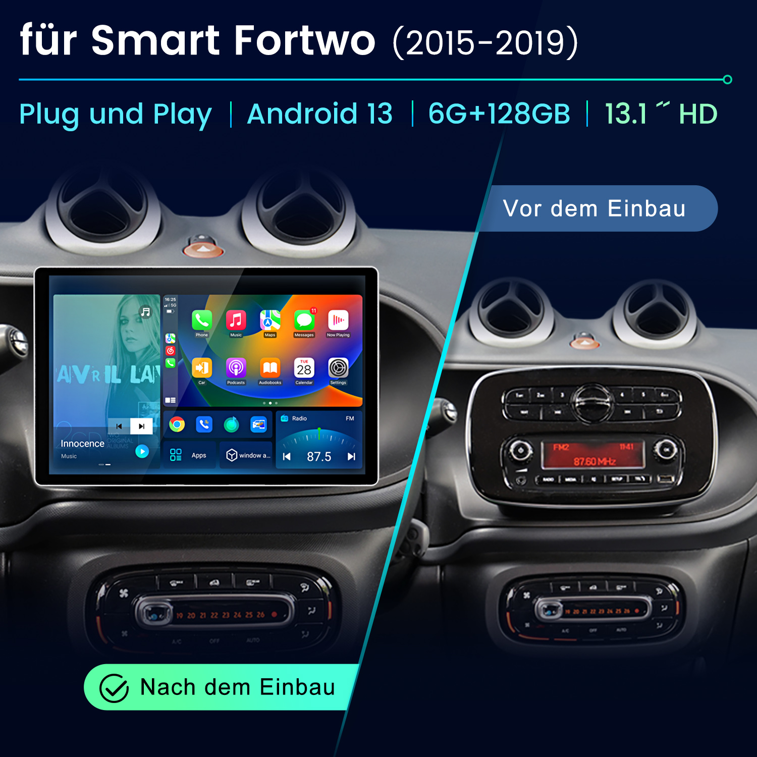 Autoinnenraum mit Vorher-Nachher-Vergleich des Einbaus eines Android-Infotainment-Systems.