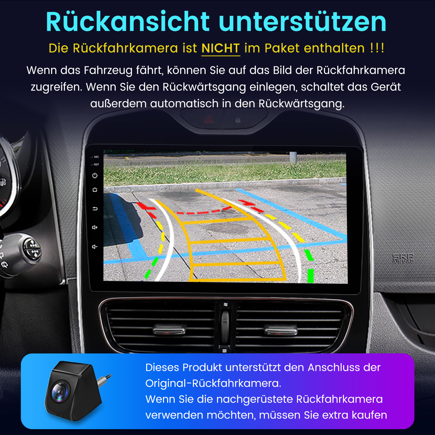 Auto-Armaturenbrett mit Rückfahrkamera-Ansicht. Der Bildschirm zeigt Linien zur Parkunterstützung. Eine kleine Kamera ist unten links abgebildet.