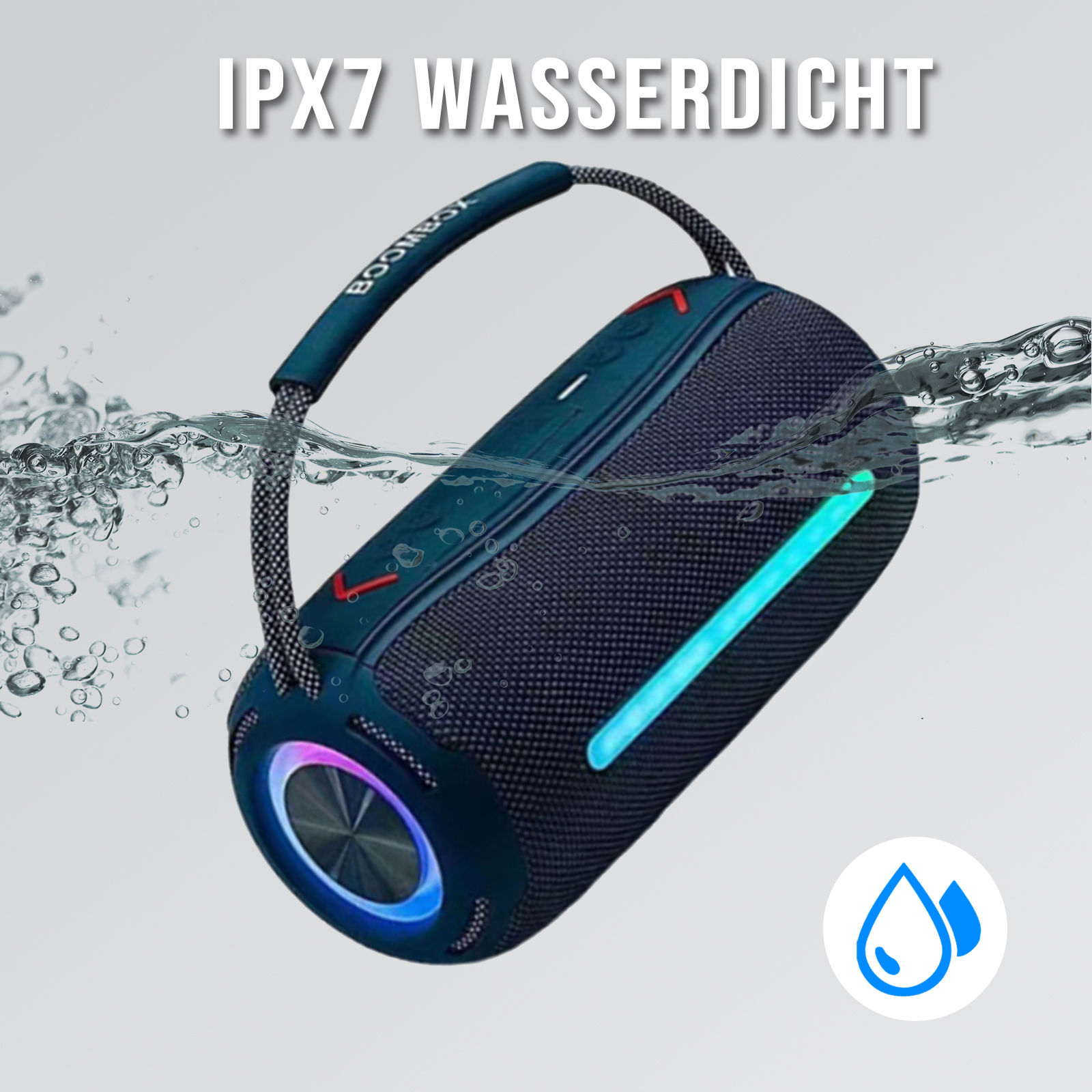 Ein wasserdichter Lautsprecher im Wasser. Er ist dunkelblau und hat einen Griff. Der Lautsprecher hat ein blaues und violettes Licht.