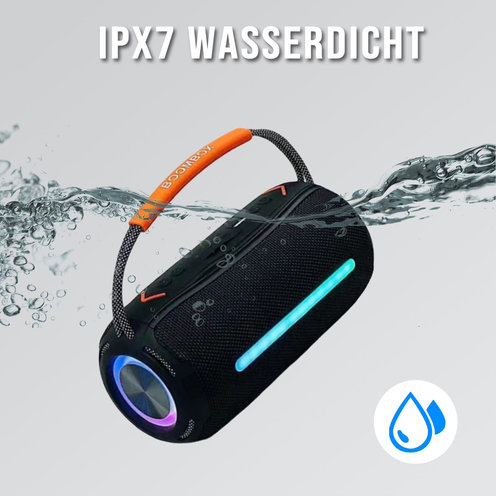 Schwarzer Lautsprecher im Wasser. Oranger Griff, blaues Licht und Wassertröpfchen sichtbar. Text 'IPX7 wasserdicht' oben.