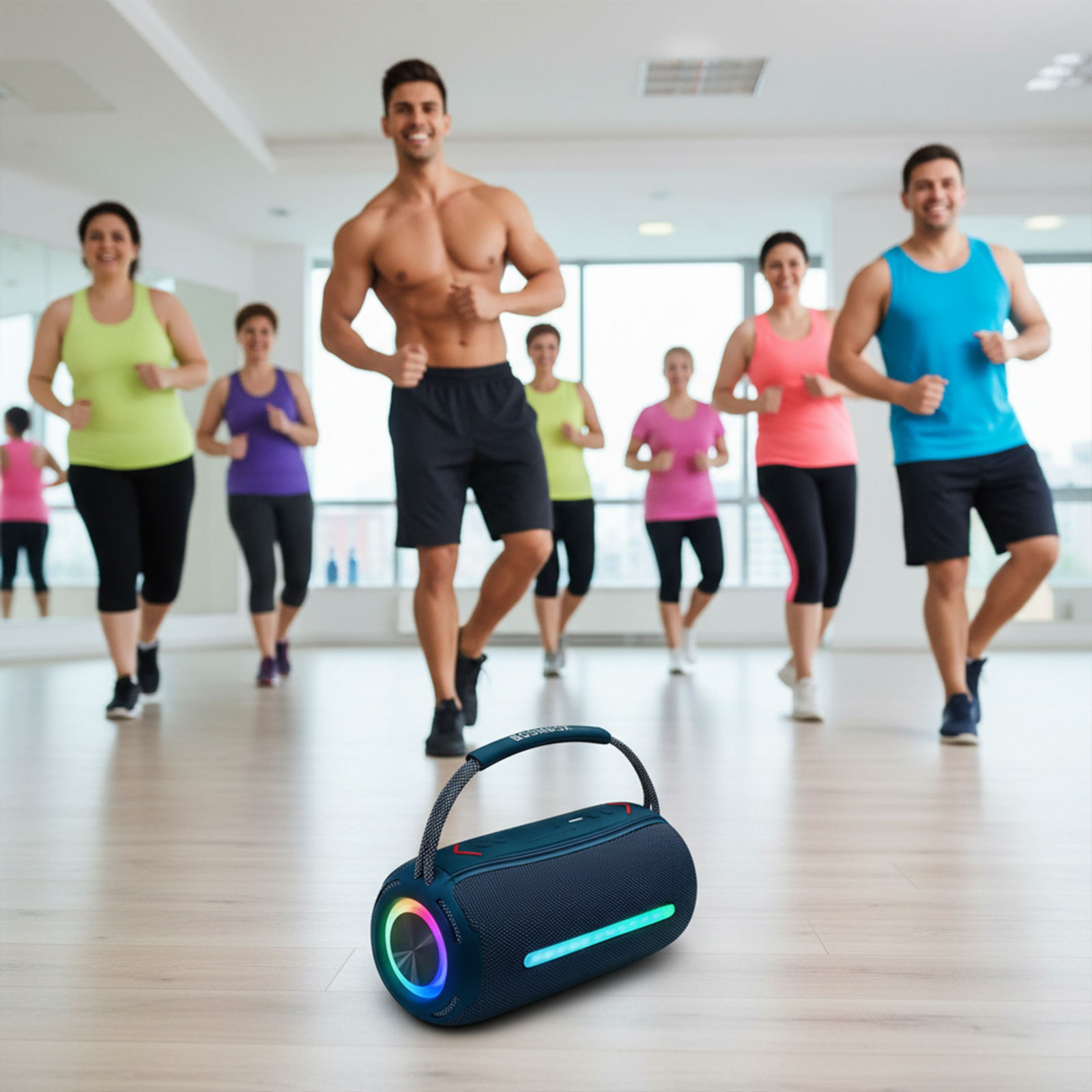 Menschen trainieren in einem Fitnessstudio mit einem Lautsprecher im Vordergrund. Sie laufen und tragen Sportkleidung.