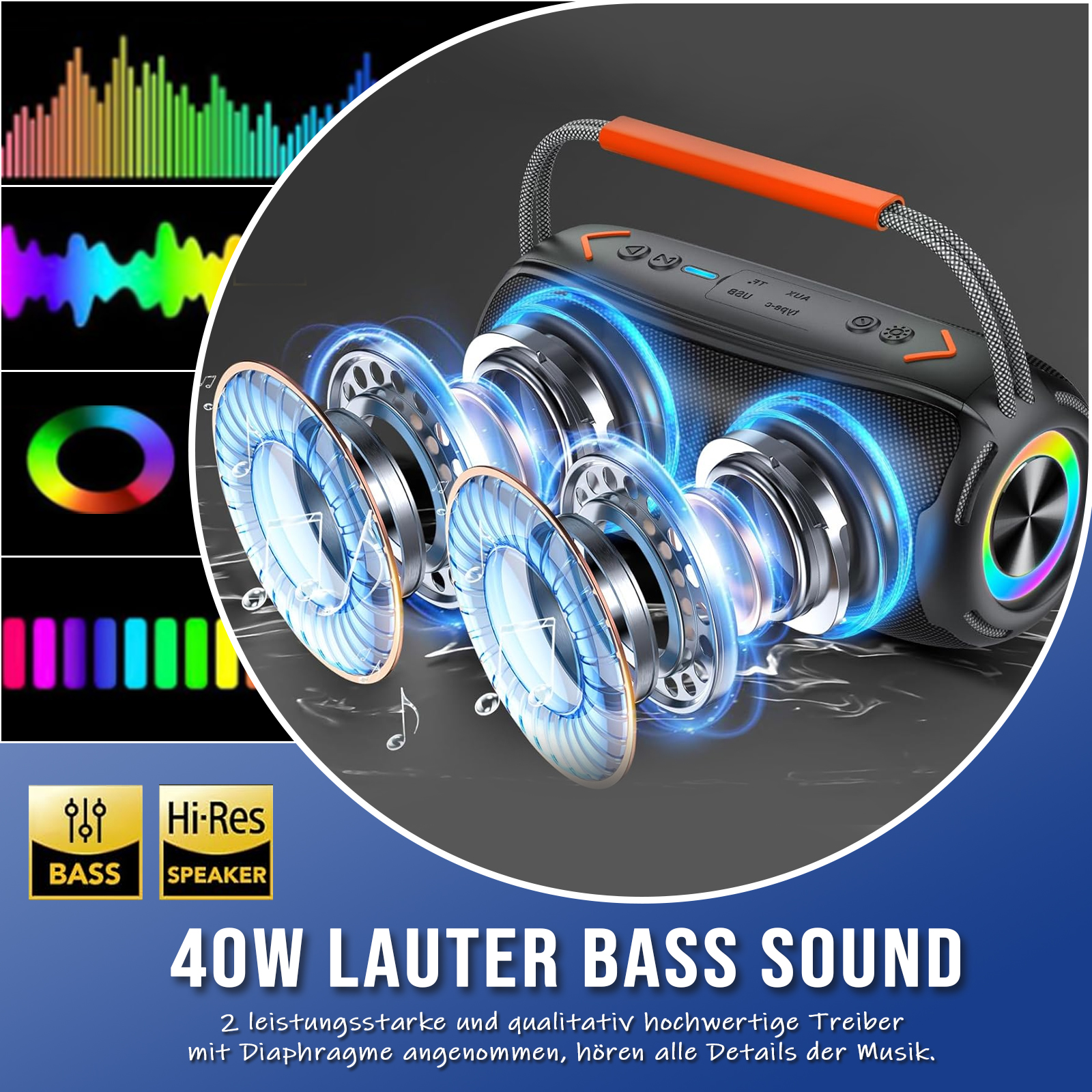 Ein Lautsprecher mit Schallwellen, einem Griff und Knöpfen. Er hat ein Bass- und Hi-Res-Lautsprecher-Logo. Text: 40W LAUTER BASS SOUND.