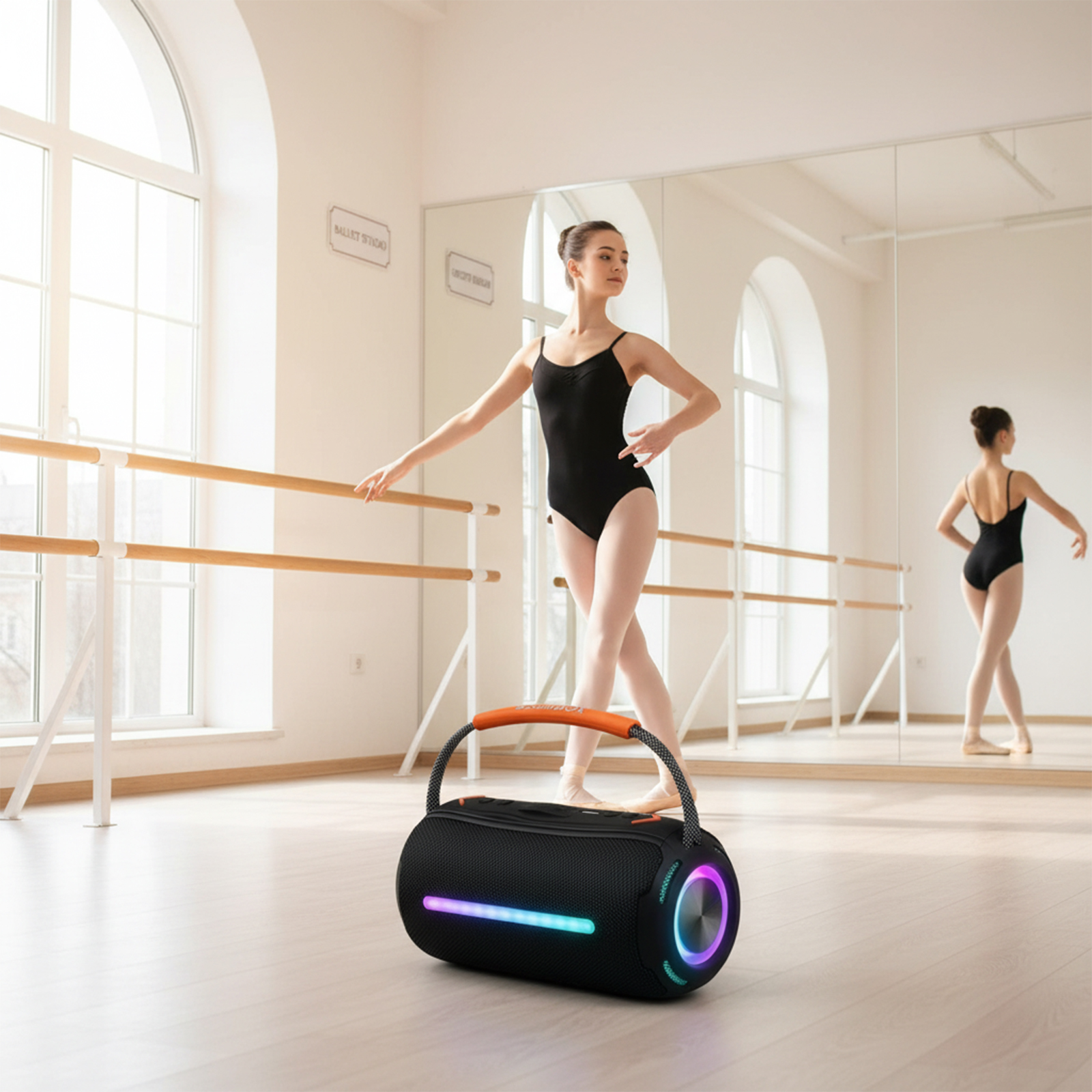 Eine Ballerina in einem schwarzen Body übt an der Stange. Ein Lautsprecher steht am Boden. Ein Spiegel reflektiert sie.
