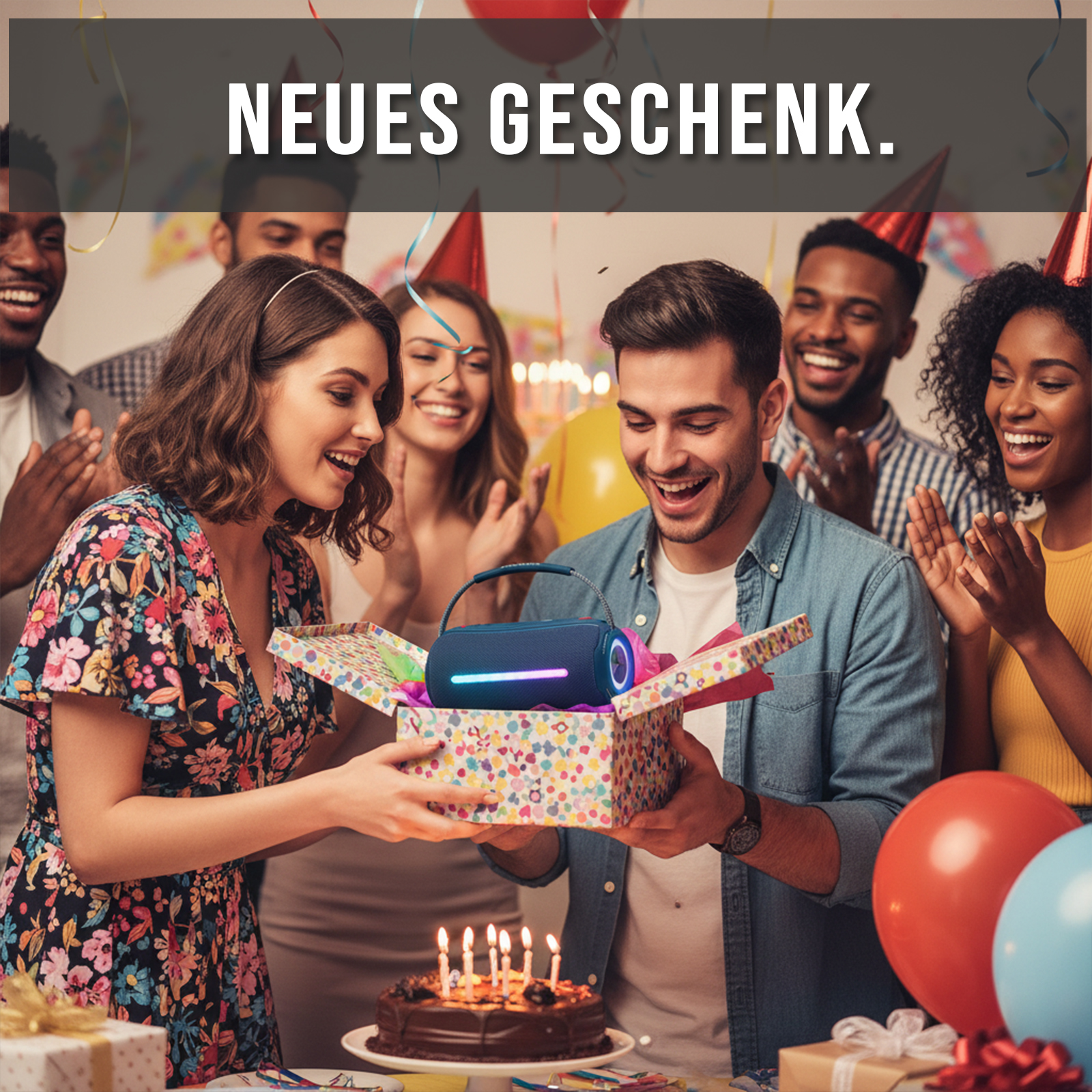 Eine Gruppe feiert Geburtstag. Ein Mann öffnet eine Geschenkbox mit einem Lautsprecher. Menschen lächeln um einen Kuchen mit Kerzen.