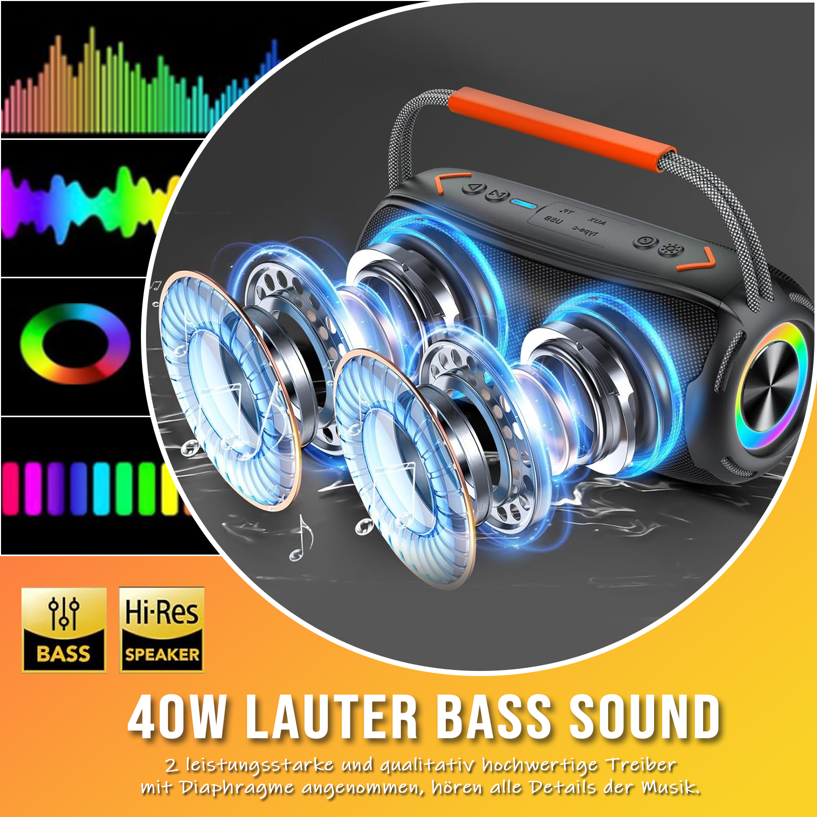 Ein Lautsprecher mit Schallwellen und bunten Lichtern. Er hat einen Griff und Knöpfe. Text: 40W Lauter Bass Sound.