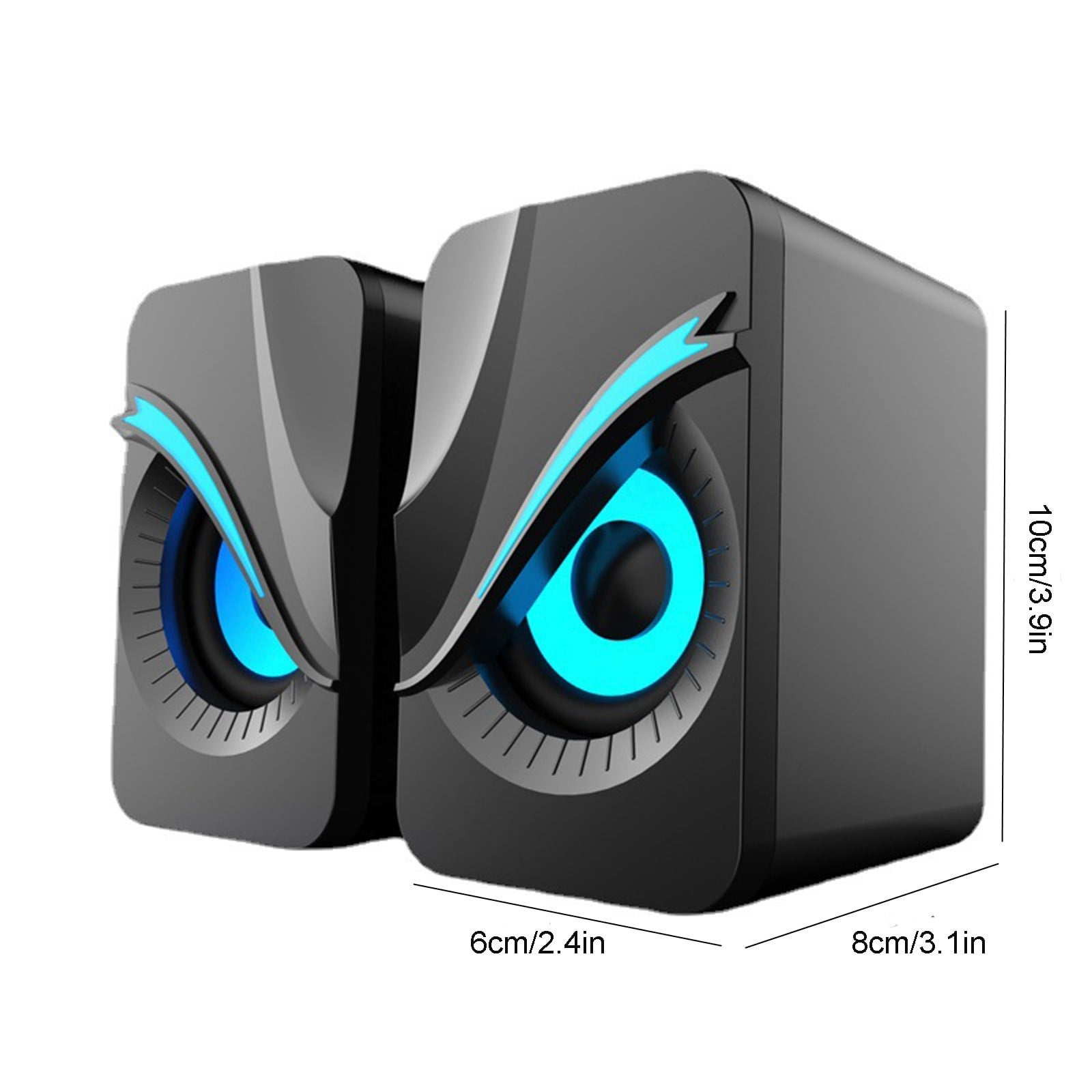 Zwei schwarze Computerlautsprecher mit blau leuchtenden Akzenten. Abmessungen sind angegeben. Das Design ähnelt Eulenaugen.