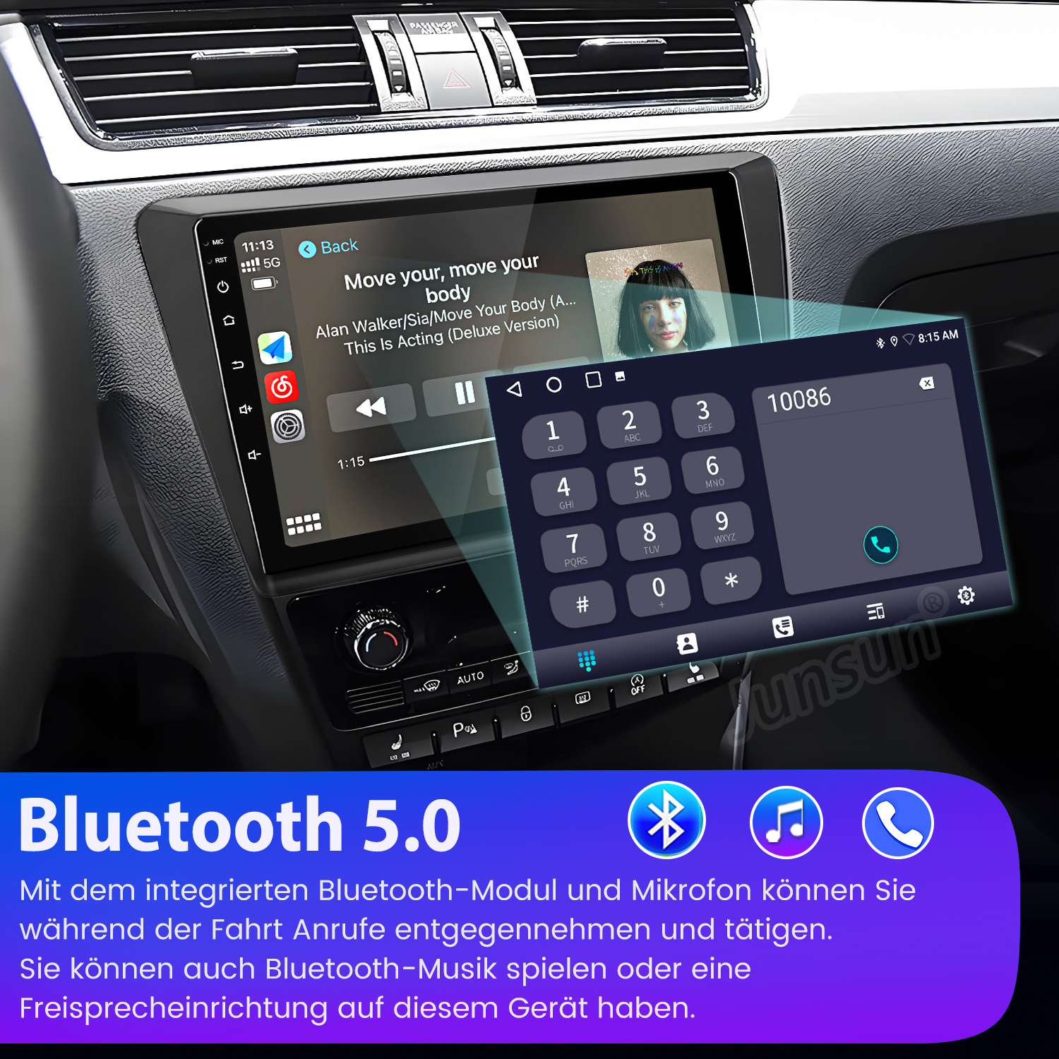 Auto-Armaturenbrett mit Bluetooth 5.0-Bildschirm, Ziffernblock und Musiksteuerung. Text sagt 'Move your body'.