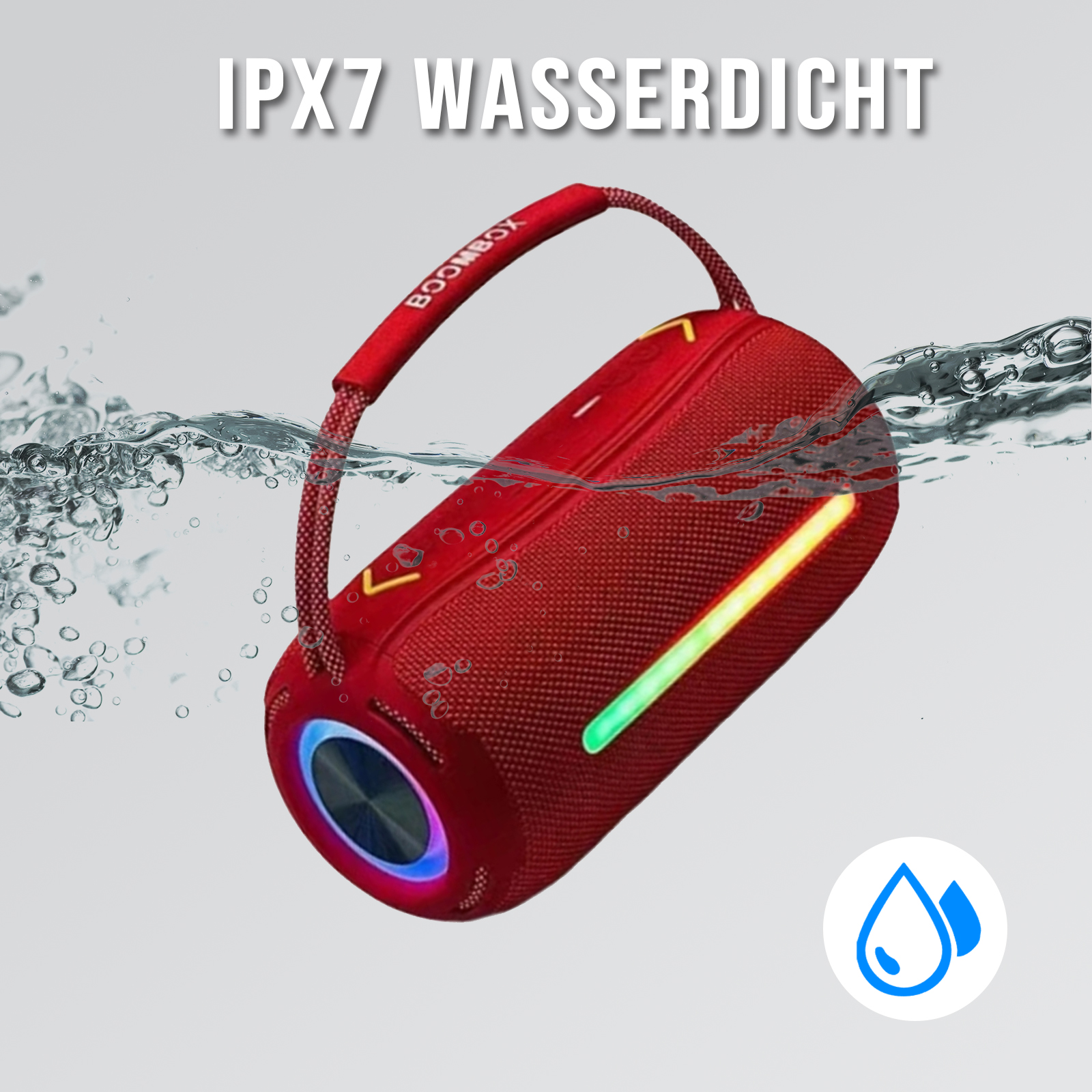 Roter Boombox-Lautsprecher unter Wasser. Er hat einen Griff und Lichtindikatoren. IPX7 wasserdicht ist oben geschrieben.