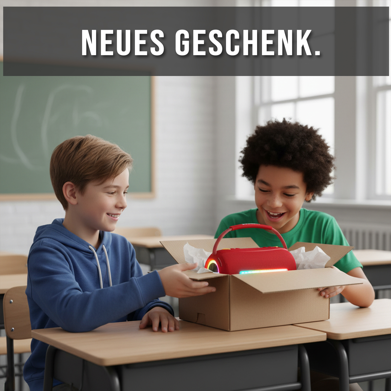 Zwei Jungen in einem Klassenzimmer öffnen eine Schachtel mit einem roten Lautsprecher. Der Text oben lautet 'NEUES GESCHENK'.