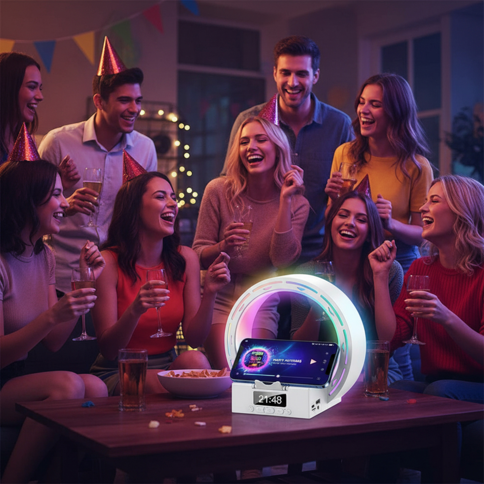 Gruppe lachender Menschen, die bei einer Party Getränke halten. Ein Lautsprecher mit Telefon steht im Vordergrund.