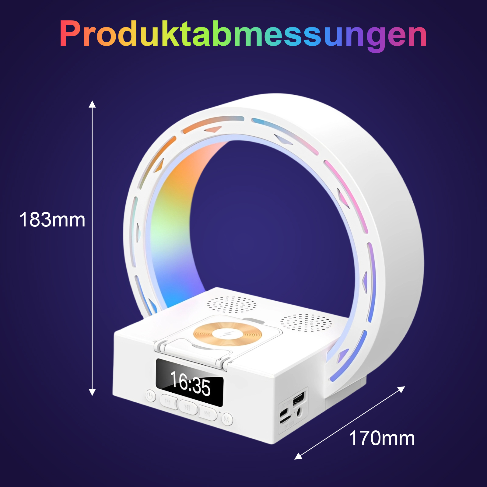 Ein weißes Gerät mit Ringlicht. Es hat eine Digitaluhr mit der Anzeige 16:35. Abmessungen: 183 mm x 170 mm.