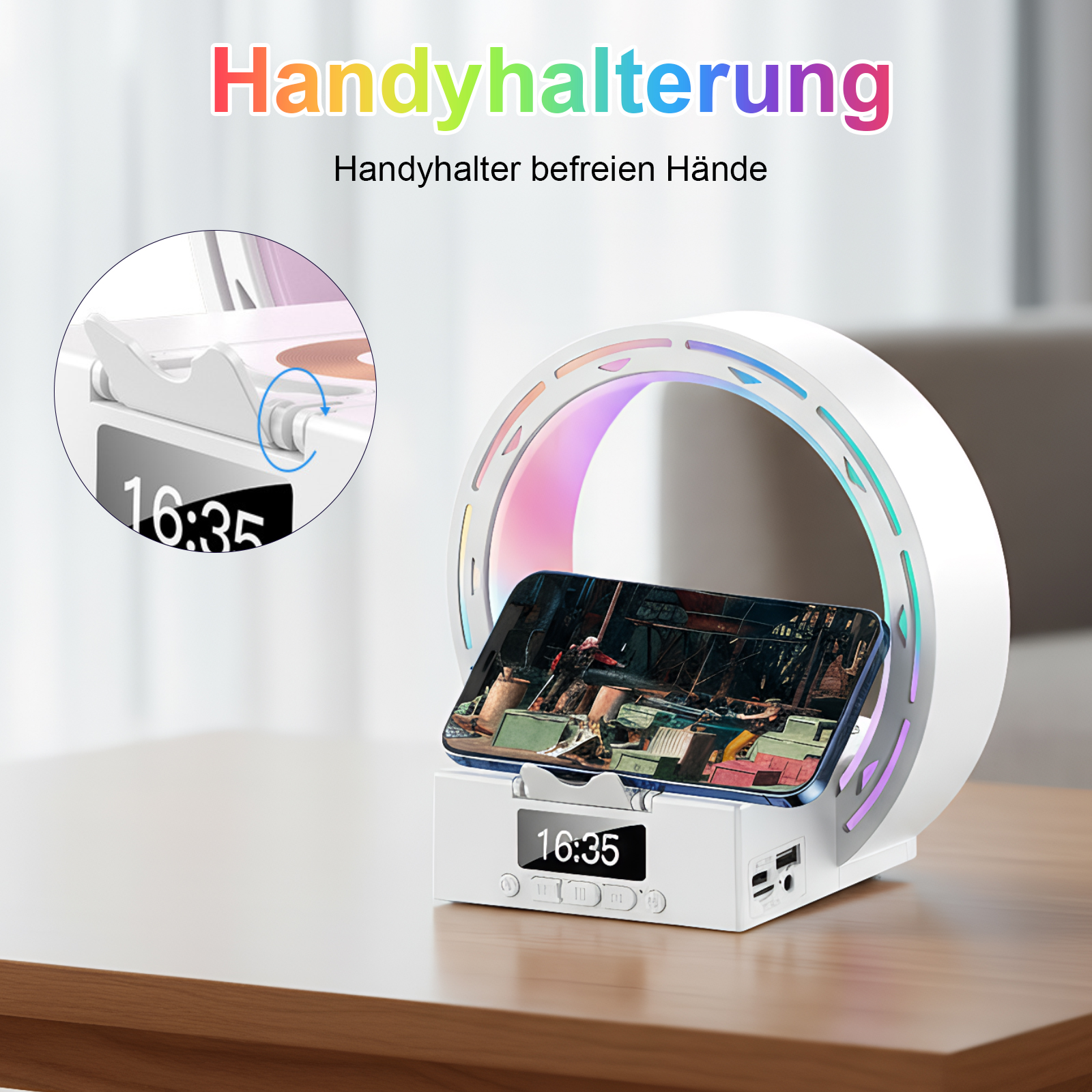 Ein weißer Telefonhalter mit kreisförmigem Licht, der ein Telefon mit einer Szene hält, auf einem Holztisch.