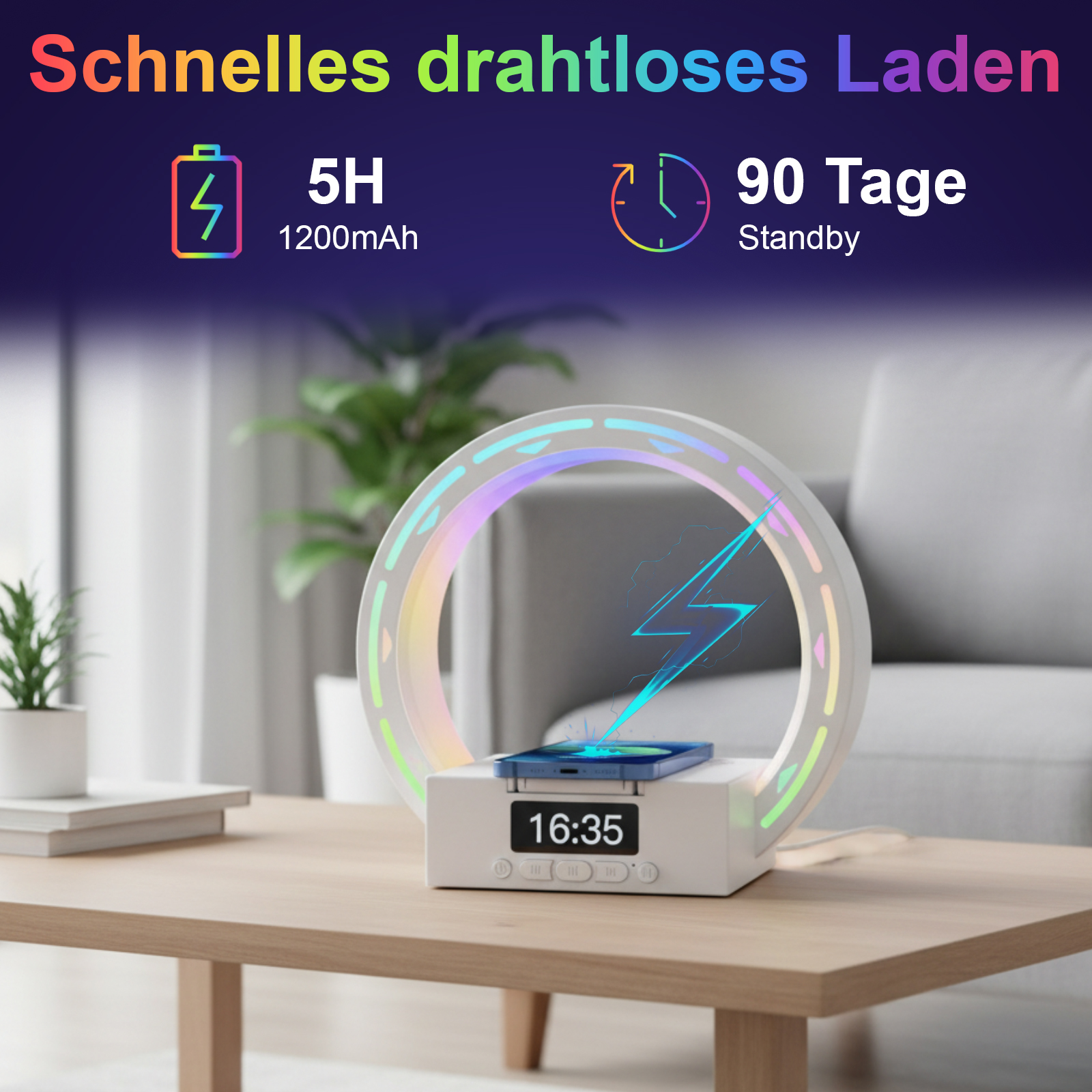 Ein weißes kabelloses Ladegerät mit einem Ringlicht, ein Telefon, das oben aufgeladen wird. Text enthält 5H Ladezeit und 90 Tage Standby.