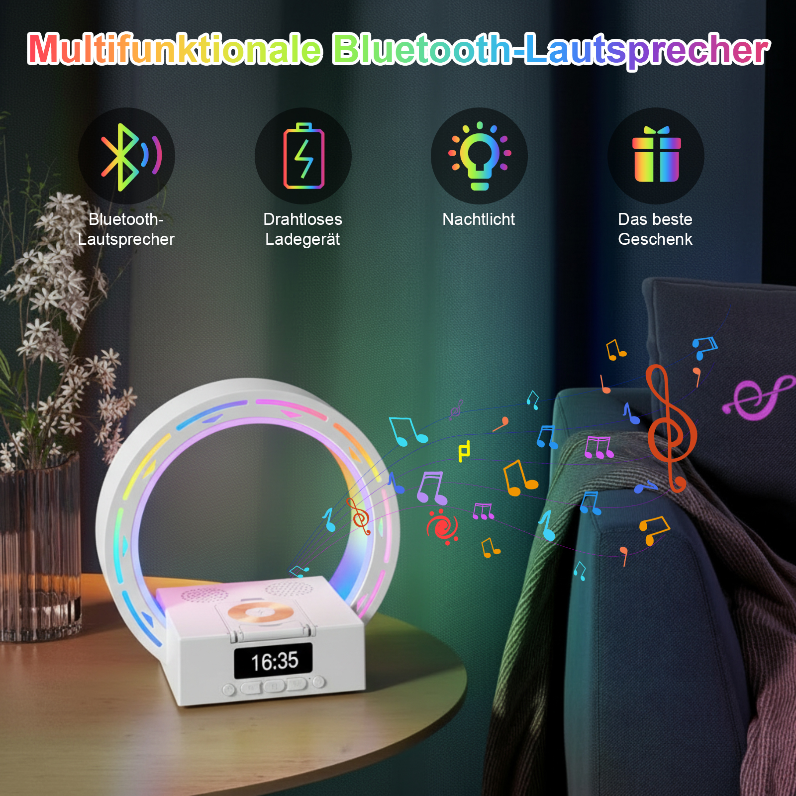 Ein weißer Lautsprecher mit Leuchtring, der die Uhrzeit anzeigt. Symbole zeigen Bluetooth, Laden, Nachtlicht und Geschenk.