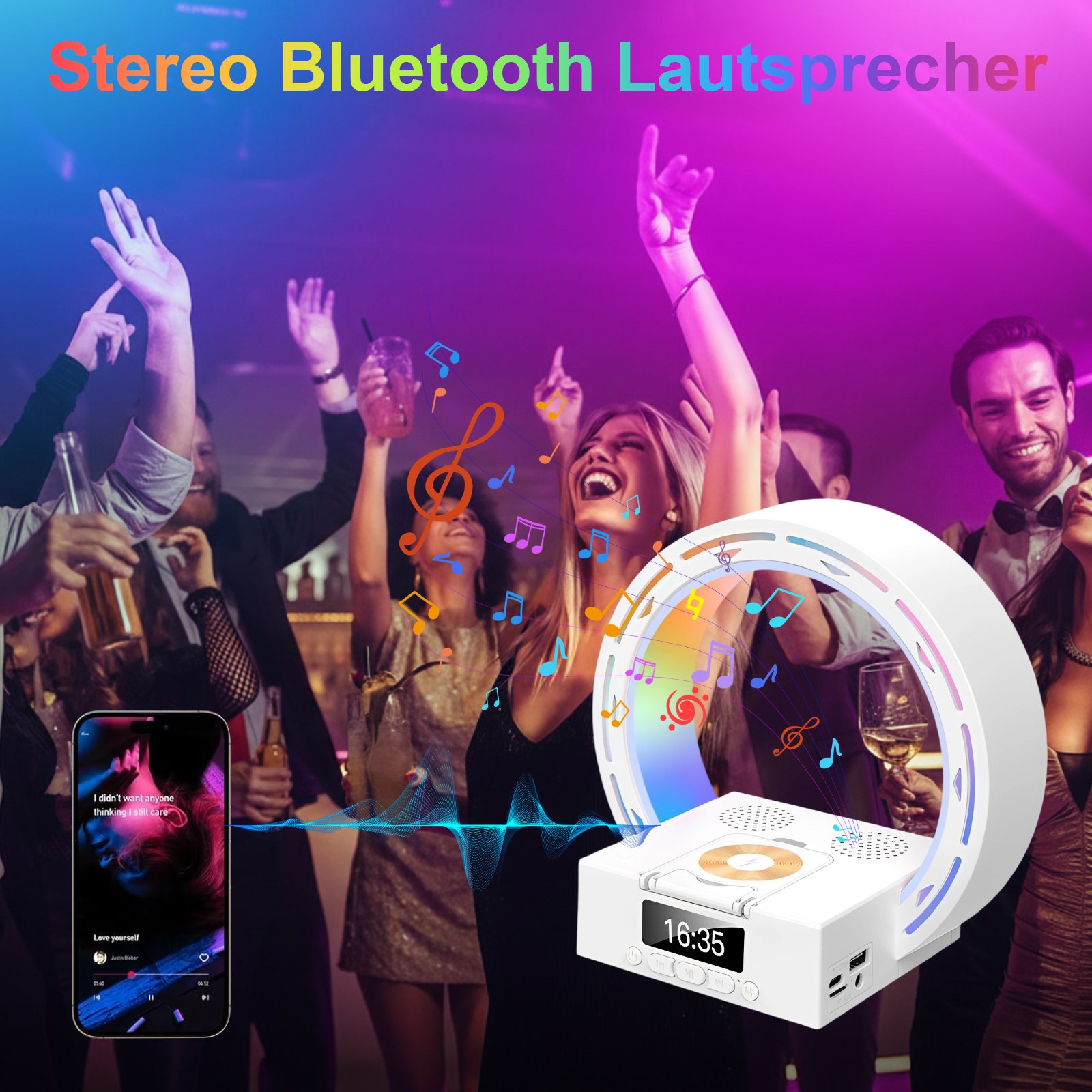 Leute tanzen auf einer Party. Ein weißer Lautsprecher mit leuchtendem Ring im Vordergrund, Telefon mit Musik-App sichtbar.