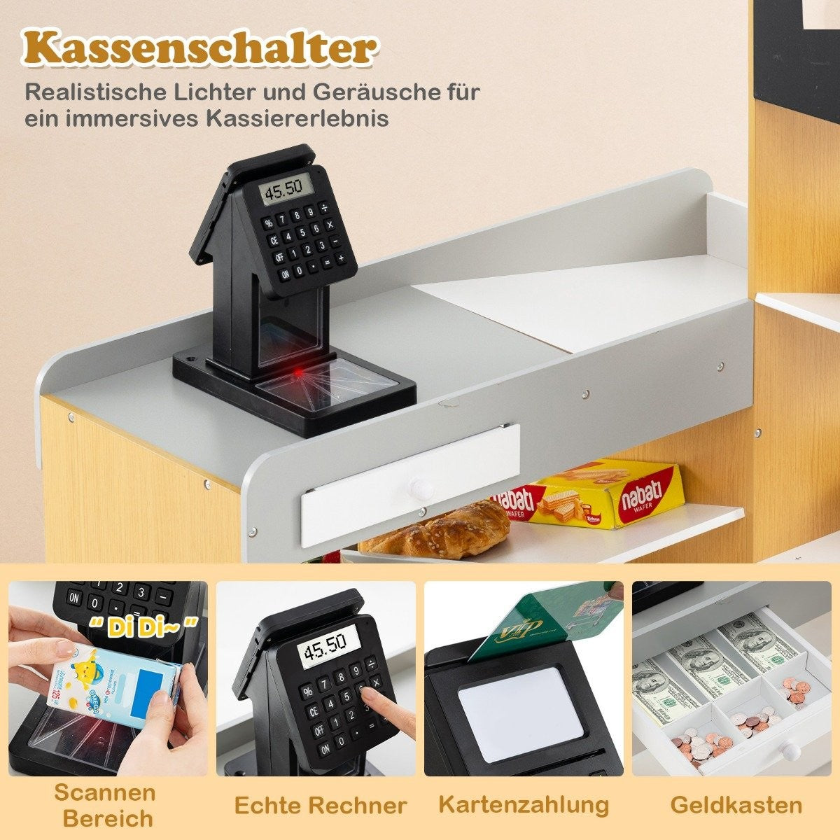 Una caja registradora de juguete con pantalla de calculadora. Tiene un escáner, un cajón y un estante con bocadillos. También se muestra un pago con tarjeta y una pantalla de efectivo.