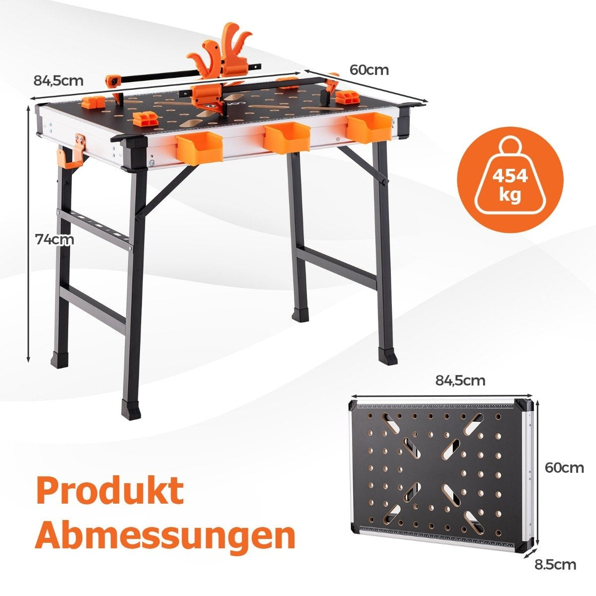 Un banco de trabajo plegable con accesorios naranjas y patas negras. Se indican las dimensiones, junto con una capacidad de 454 kg.