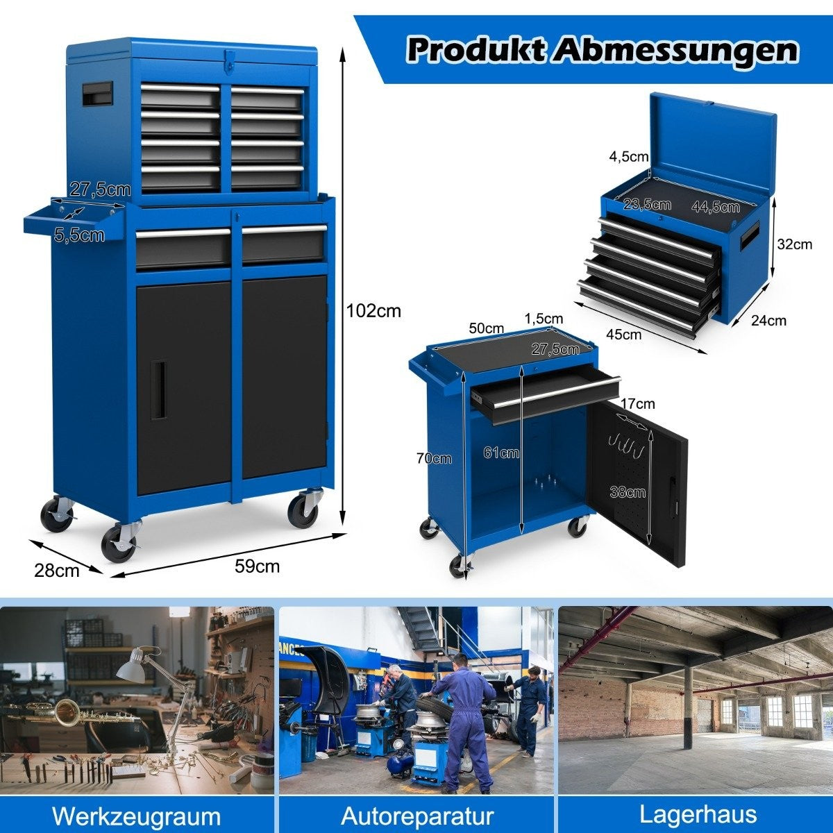 Armarios de herramientas azules con cajones y dimensiones. Imágenes adicionales muestran taller, reparación de automóviles y almacén.
