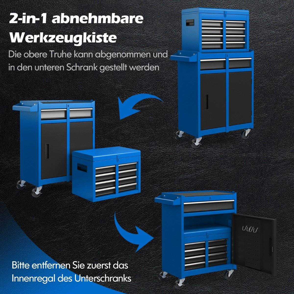 Un juego de cajas de herramientas azules 2 en 1. Se puede separar en dos partes. La parte superior tiene cajones y la inferior un armario.